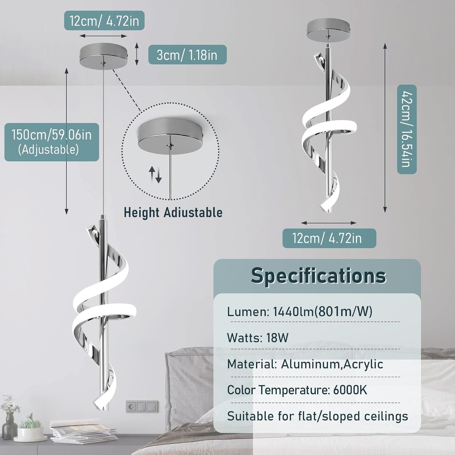 Spiral Led Pendant Light Fixtures, 5500K Cold White Modern Led Pendant Lamp Kitchen Island, Adjustable Height Kitchen Island Lights Fixtures for Dining Room Kitchen Bedroom Cafe, 3 Packs