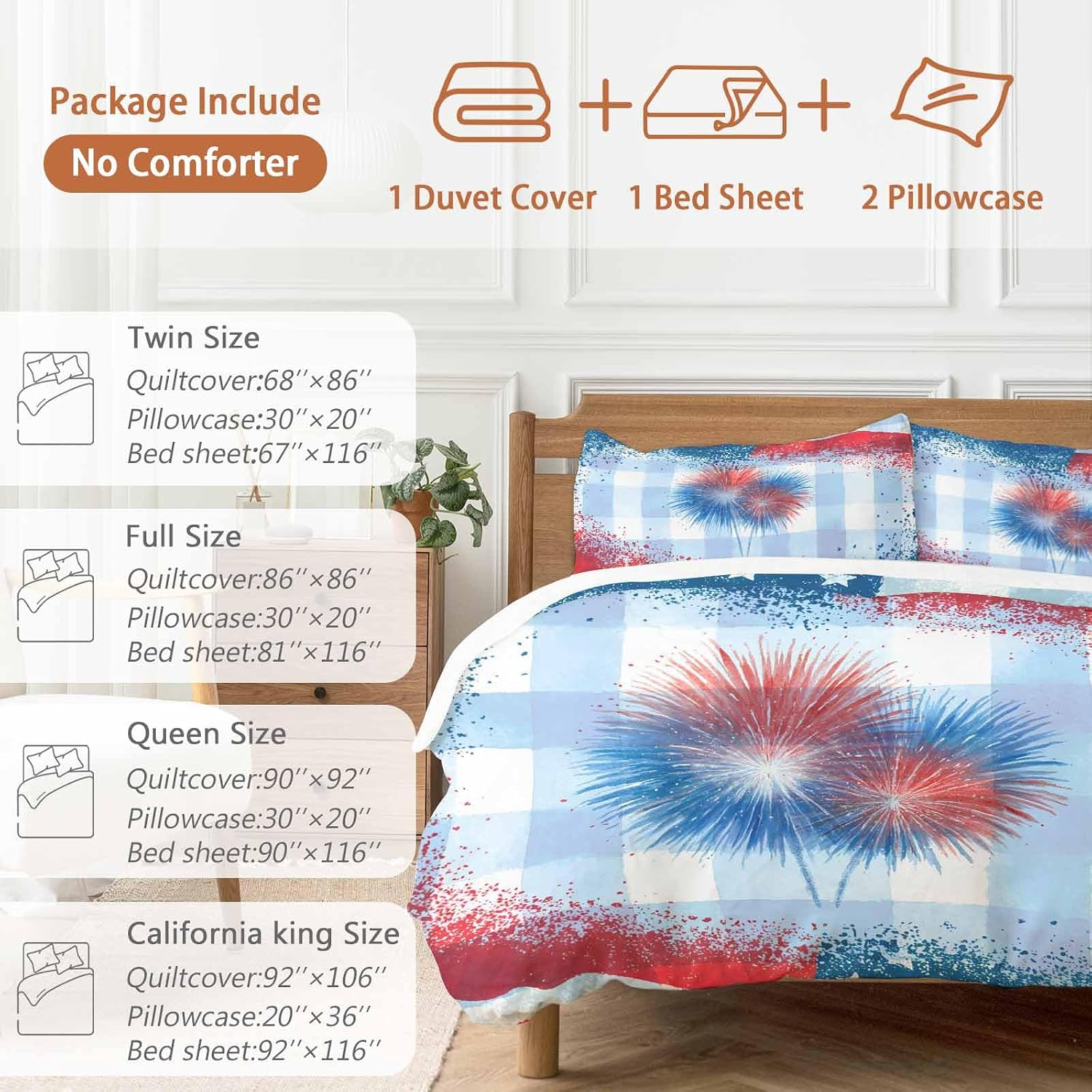 Independence Day Firework Duvet Cover Set Queen Size 4 Pieces 4th of July American Flag Blue Plaid Bedding Set with Zipper Closure, 1 Comforter Cover 92x106 Inches 1 Flat Sheet & 2 Pillow Cases
