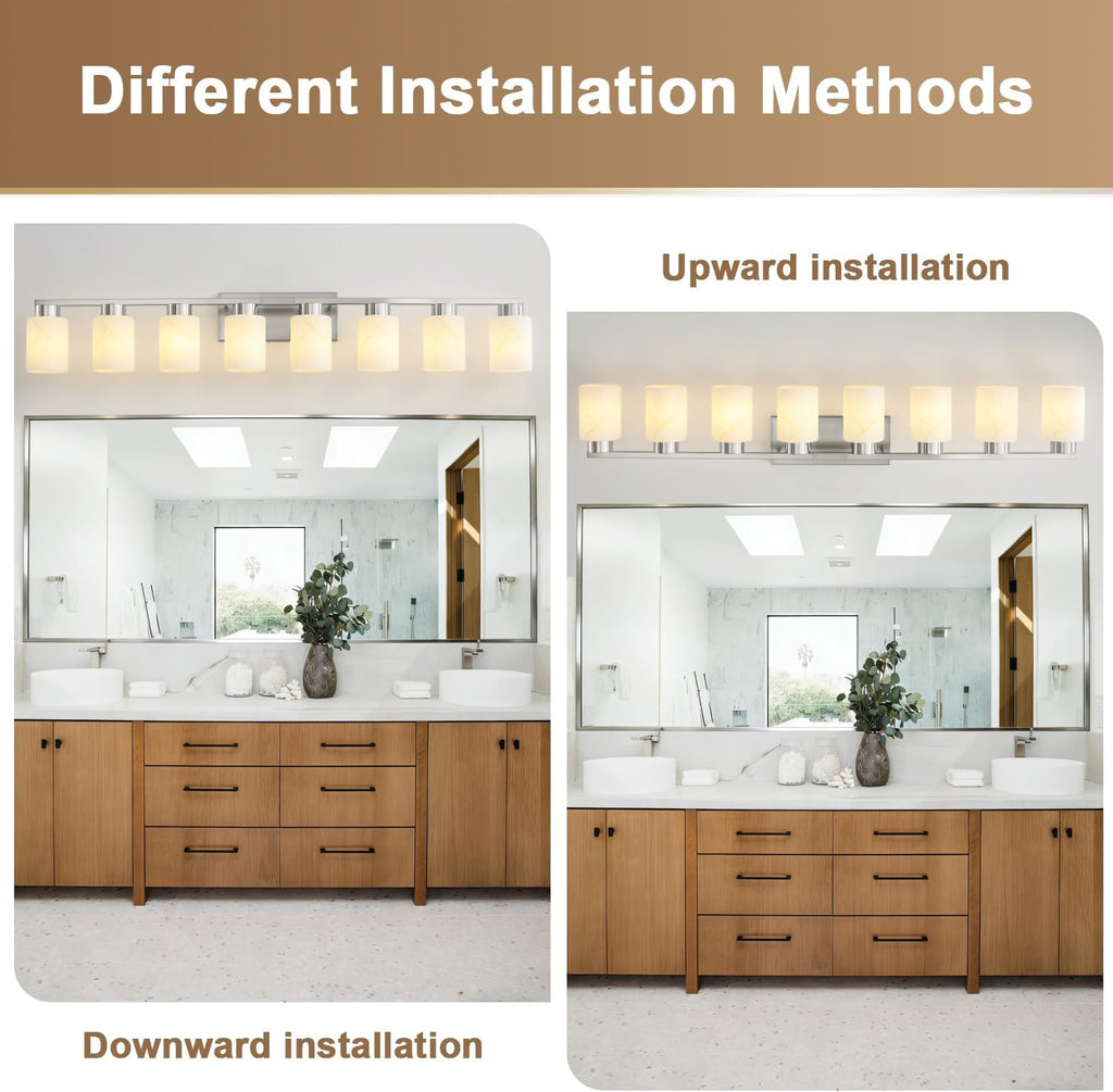 8-Light Bathroom Light Fixtures, Modern Vanity Lights, Brushed Nickel Metal Wall Lamp with White Marble Glass for Bathroom, Mirror, Living Room, Bedroom, Cabinet, Porch, Hallway, E26 Base