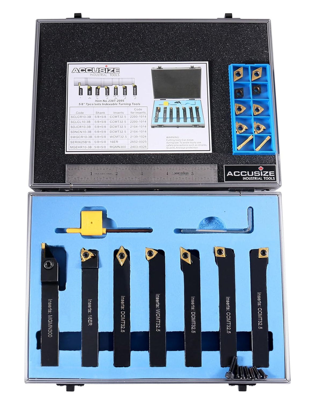 Accusize Industrial Tools 5/8' Shank 7-Piece Indexable Turning Tool Set with Extra Inserts, TiN-Coated C6 for Steel, 2387-2005PLUS