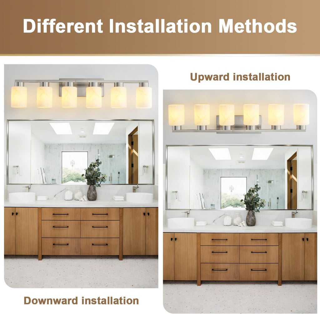6-Light Bathroom Light Fixtures, Modern Vanity Lights, Brushed Nickel Metal Wall Lamp with White Marble Glass for Bathroom, Mirror, Living Room, Bedroom, Cabinet, Porch, Hallway, E26 Base