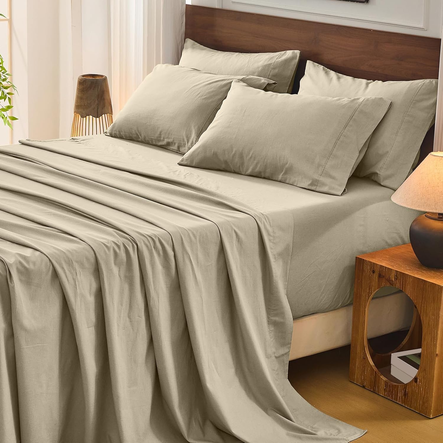 Bedlifes 100% French Flax Linen Sheets Set King Size - 6 Piece Extra Deep Pocket 18-24',Soft Breathable King Bed Sheets with Temperature Regulating & Moisture-Wicking(Taupe