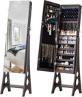 BTEXPERT Mirror Jewelry Cabinet Standing, Large Storage Jewelry Armoire, Full-Length Frameless Mirror with Jewelry Storage, 12 LED Lockable Standing Jewelry Organizer Brown