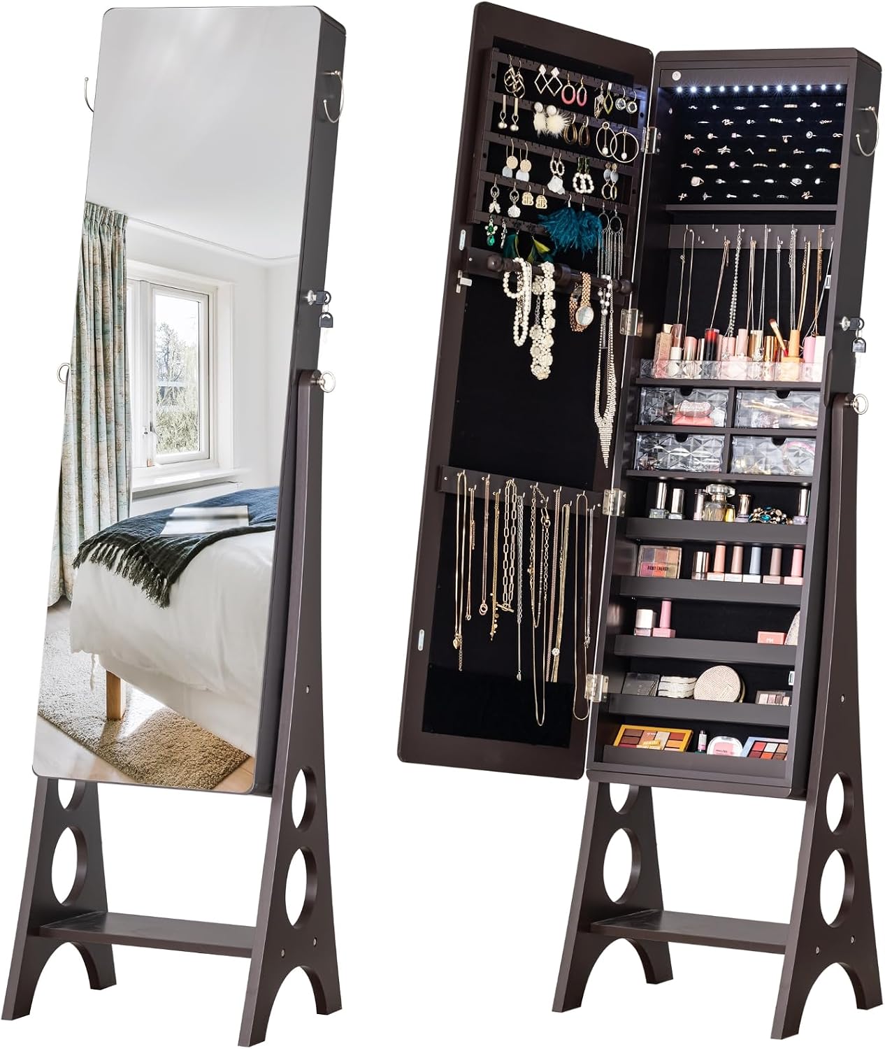 BTEXPERT Mirror Jewelry Cabinet Standing, Large Storage Jewelry Armoire, Full-Length Frameless Mirror with Jewelry Storage, 12 LED Lockable Standing Jewelry Organizer Brown