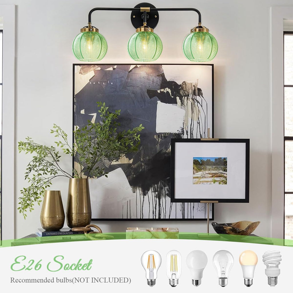 Bathroom Light Fixtures Vanity Wall 3-Light Coastal Vanity Lights Emerald Green Vintage Wall Lamp with Glass Globe Shade Modern Glass Wall Vanity Lighting for Mirror Kitchen Cabinet