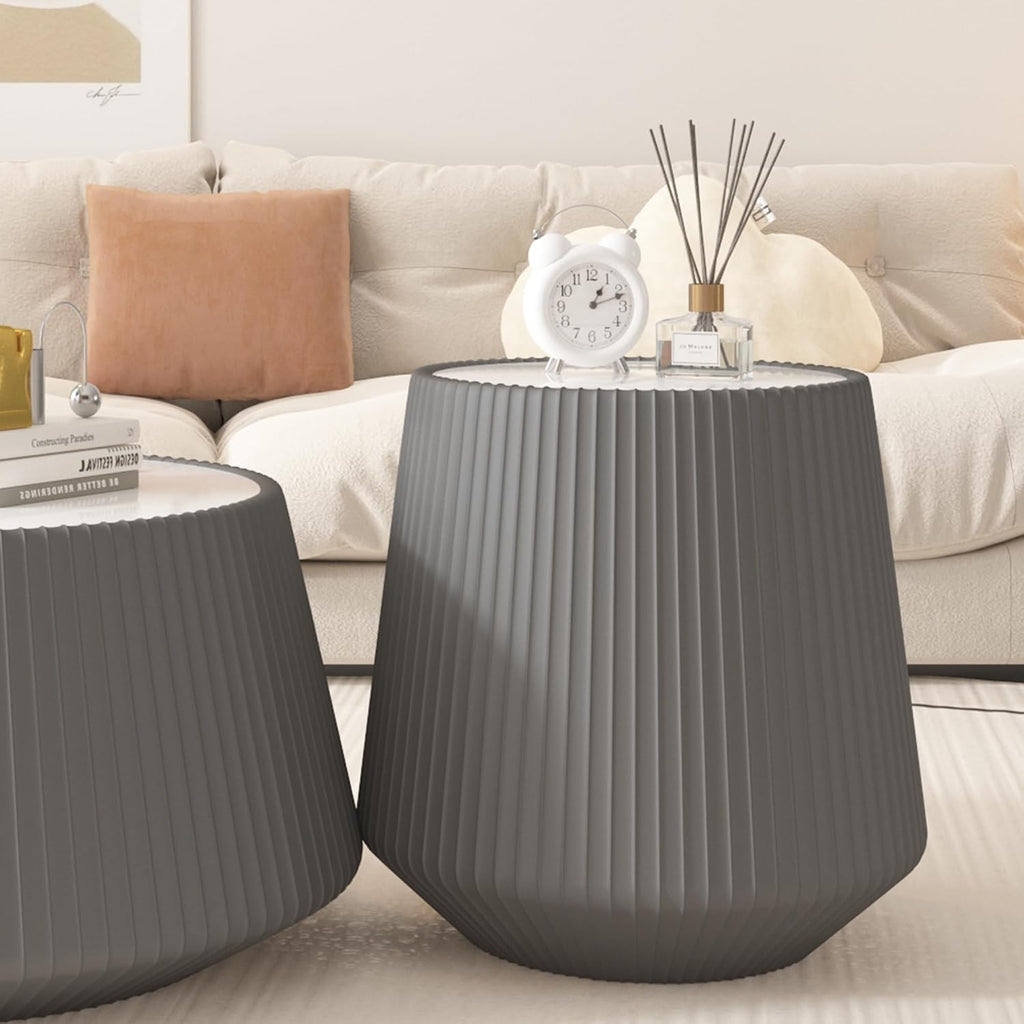 19.68' Grey Round Coffee Table, Drum Coffee Table with Sintered Stone Tabletop and Fluted PU Leather Covered and Stable Base, Circle Cocktail Tea Table for Living Room
