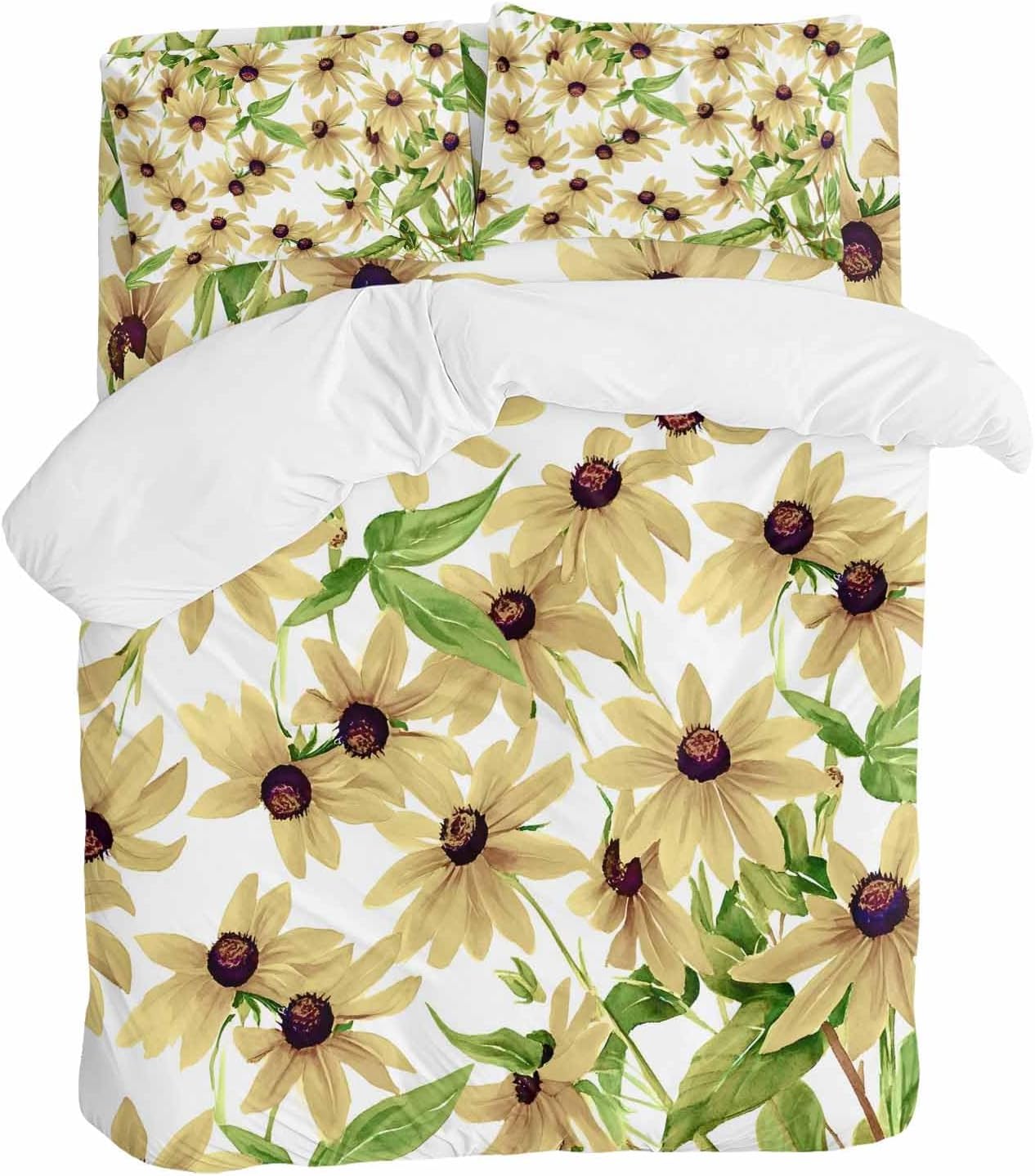 Light Yellow Sunflower Duvet Cover Set Queen Size 4 Pieces Watercolor Flower Green Leaf Spring Country Bedding Set with Zipper Closure, 1 Comforter Cover 92x106 Inches 1 Flat Sheet & 2 Pillow Cases