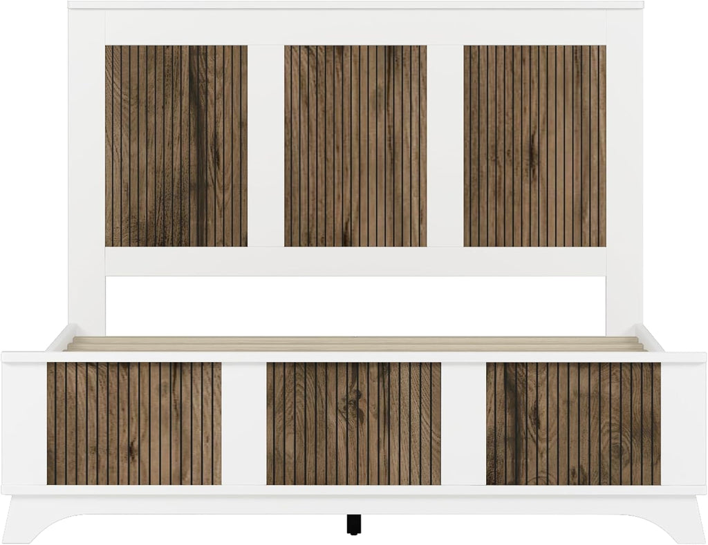 4-Pieces Bedroom Sets, Queen Size Farmhouse Platform Bed with Wooden Strip Decoration Headboard, Storage Nightstand and Dresser with Metal Handle for Bedroom Furniture (White, Queen)