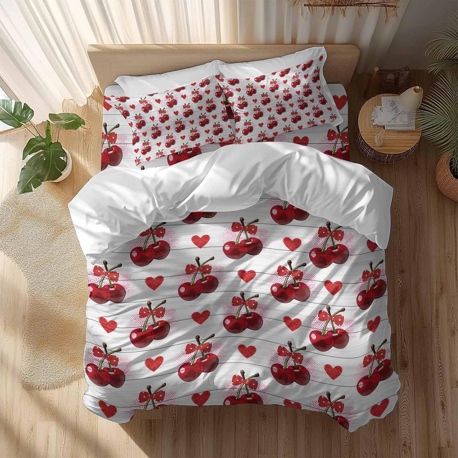 Prime Leader Cherry Duvet Cover Set Queen Size 4 Pieces Watercolor Red Fruit Love Wave Point Wood Grain Bedding Set with Zipper Closure, 1 Comforter Cover 92x106 Inches 1 Flat Sheet & 2 Pillow Cases