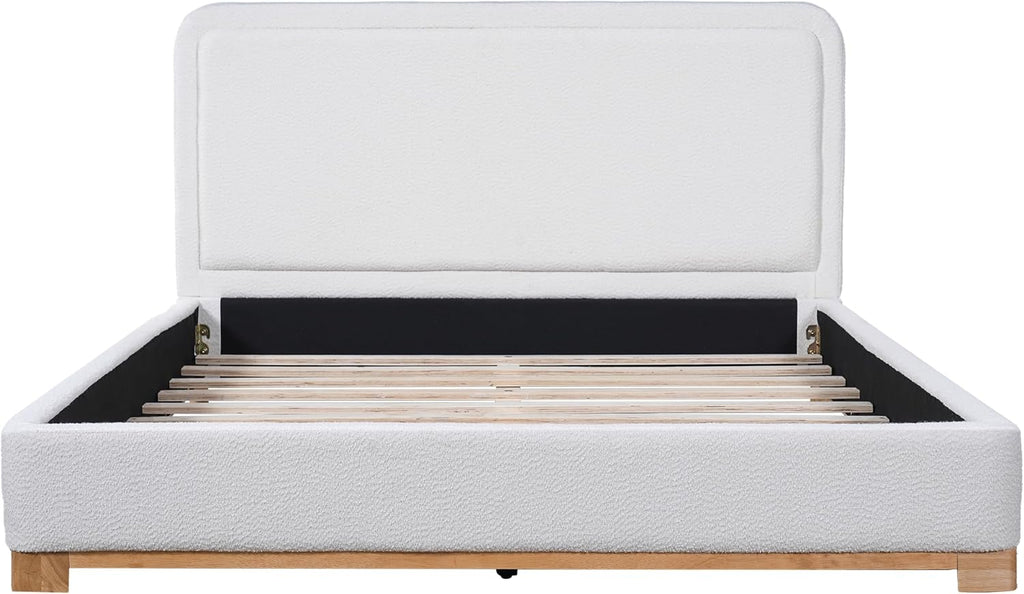 Christopher Knight Home Robey Queen Size Platform Bed Frame, Boucle Fabric Queen Size Bed Frame and Headboard, Modern Queen Bed Set, Wooden Slat Support, No Box Spring Needed, Easy Assembly, White