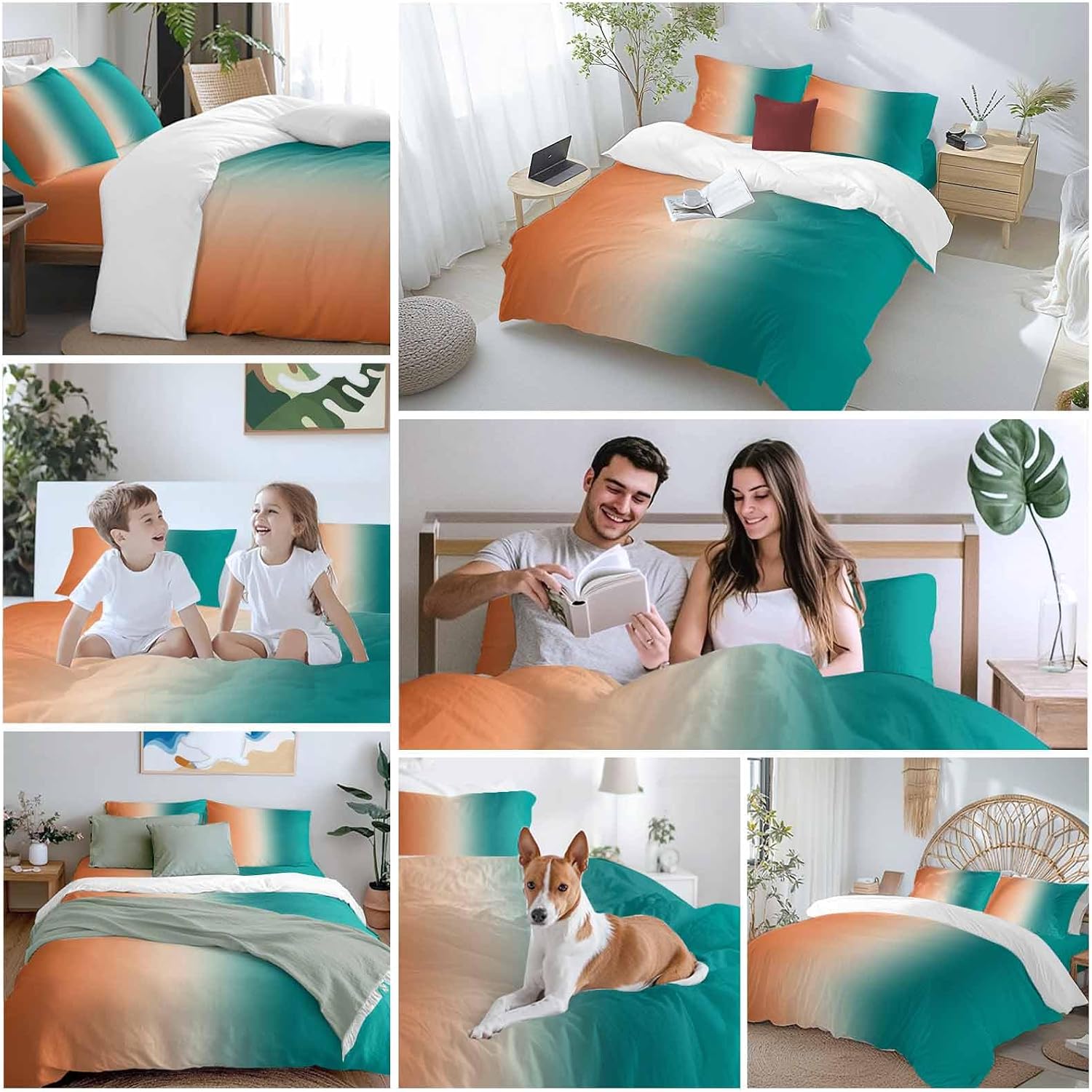 Gradient Green Orange Duvet Cover Set Queen Size 4 Pieces Modern Abstract Minimalist Teal Brown Ocean Beach Bedding Set with Zipper Closure,1 Comforter Cover 92x106 Inches 1 Flat Sheet&2 Pillow Cases
