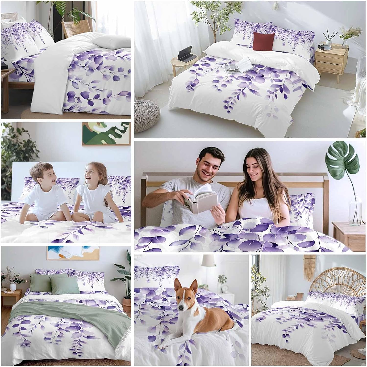 Purple Leaves Duvet Cover Set Queen Size 4 Pieces Eucalyptus Leaf Watercolor Plant Botanical Bedding Set with Zipper Closure, 1 Comforter Cover 92x106 Inches 1 Flat Sheet & 2 Pillow Cases