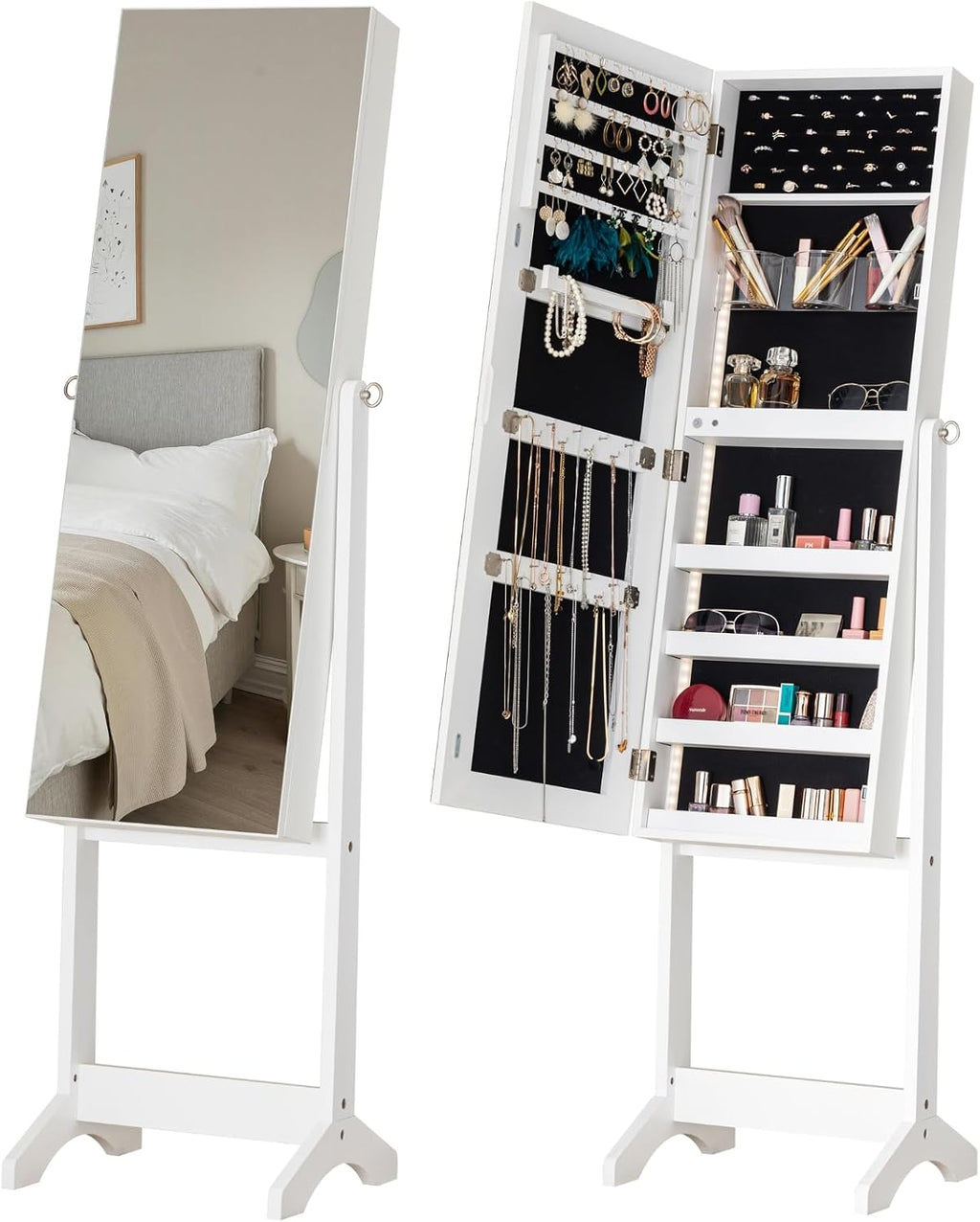 BTEXPERT Large Storage Jewelry Mirror Organizer with Frameless Free Standing Jewelry Cabinet White