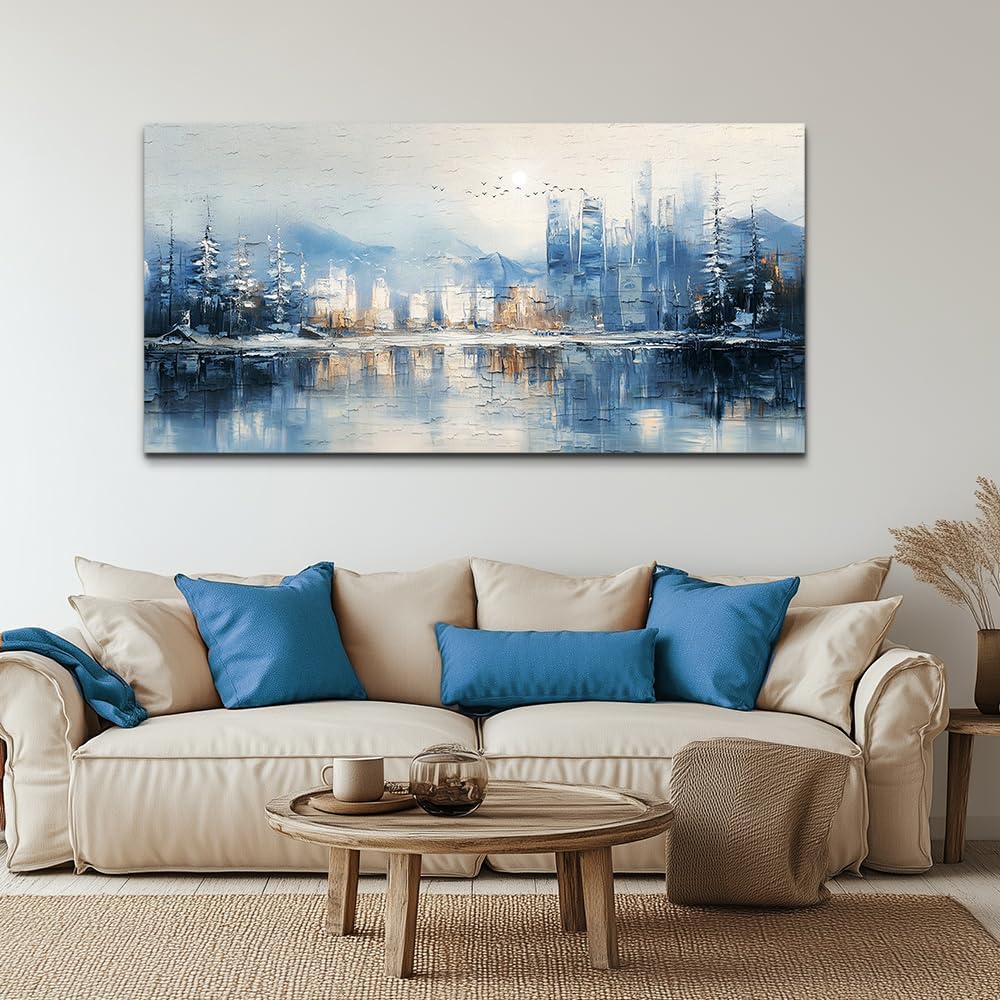 QIYILEXWART Canvas Wall Art For Living Room Large Wall Decor For Office Bedroom Decorations The Blue Lake Pictures Stretched And Framed Watercolour Abstract Painting Artwork Room Ready To Hang