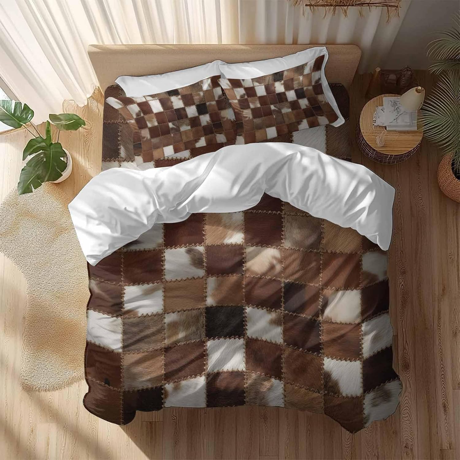 Abstract Plaid Duvet Cover Set Queen Size 4 Pieces Dark Brown Checkerboard Stitching Texture Patchwork Bedding Set with Zipper Closure, 1 Comforter Cover 90x92 Inches 1 Flat Sheet & 2 Pillow Cases
