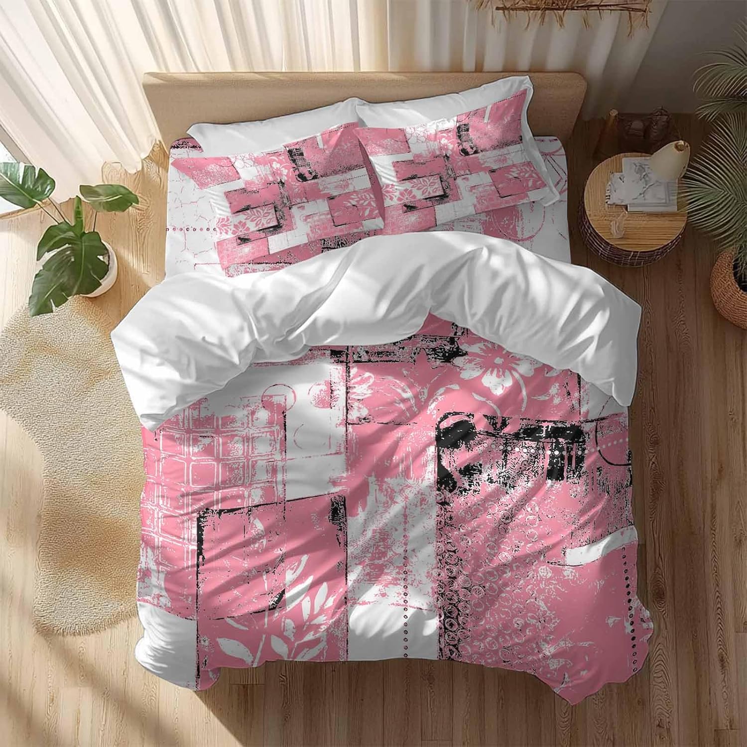 Modern Boho Duvet Cover Set Queen Size 4 Pieces Flower Geometric Texture Pink White Abstract Art Bedding Set with Zipper Closure, 1 Comforter Cover 92x106 Inches 1 Flat Sheet & 2 Pillow Cases