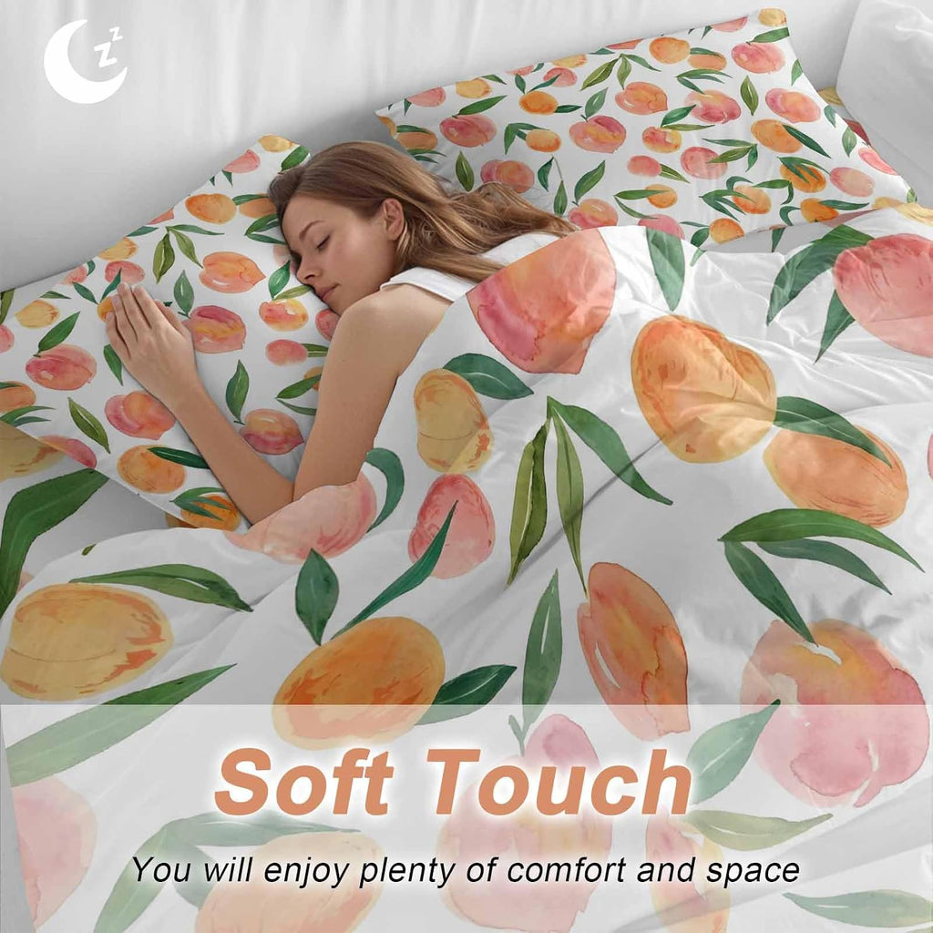 Peaches Watercolor Duvet Cover Set Queen Size 4 Pieces Pink Fruit Green Leaf Gradient Abstract Bedding Set with Zipper Closure, 1 Comforter Cover 92x106 Inches 1 Flat Sheet & 2 Pillow Cases