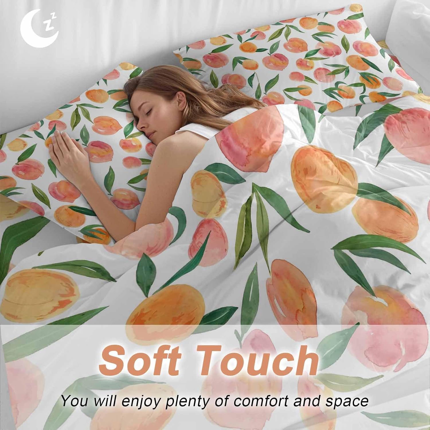 Peaches Watercolor Duvet Cover Set Queen Size 4 Pieces Pink Fruit Green Leaf Gradient Abstract Bedding Set with Zipper Closure, 1 Comforter Cover 92x106 Inches 1 Flat Sheet & 2 Pillow Cases
