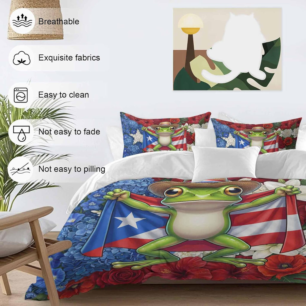 Puerto Rican Duvet Cover Set Queen Size 4 Pieces Flag Themed Watercolor Flowers Cartoon Funny Frog Bedding Set with Zipper Closure, 1 Comforter Cover 92x106 Inches 1 Flat Sheet & 2 Pillow Cases