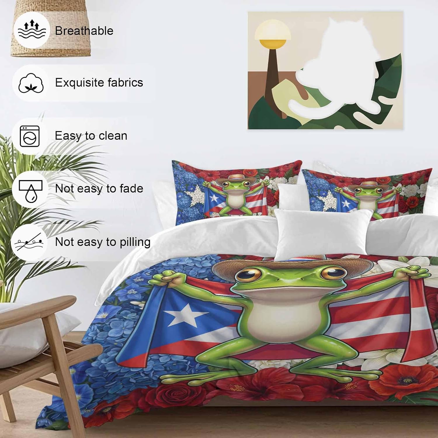 Puerto Rican Duvet Cover Set Queen Size 4 Pieces Flag Themed Watercolor Flowers Cartoon Funny Frog Bedding Set with Zipper Closure, 1 Comforter Cover 92x106 Inches 1 Flat Sheet & 2 Pillow Cases