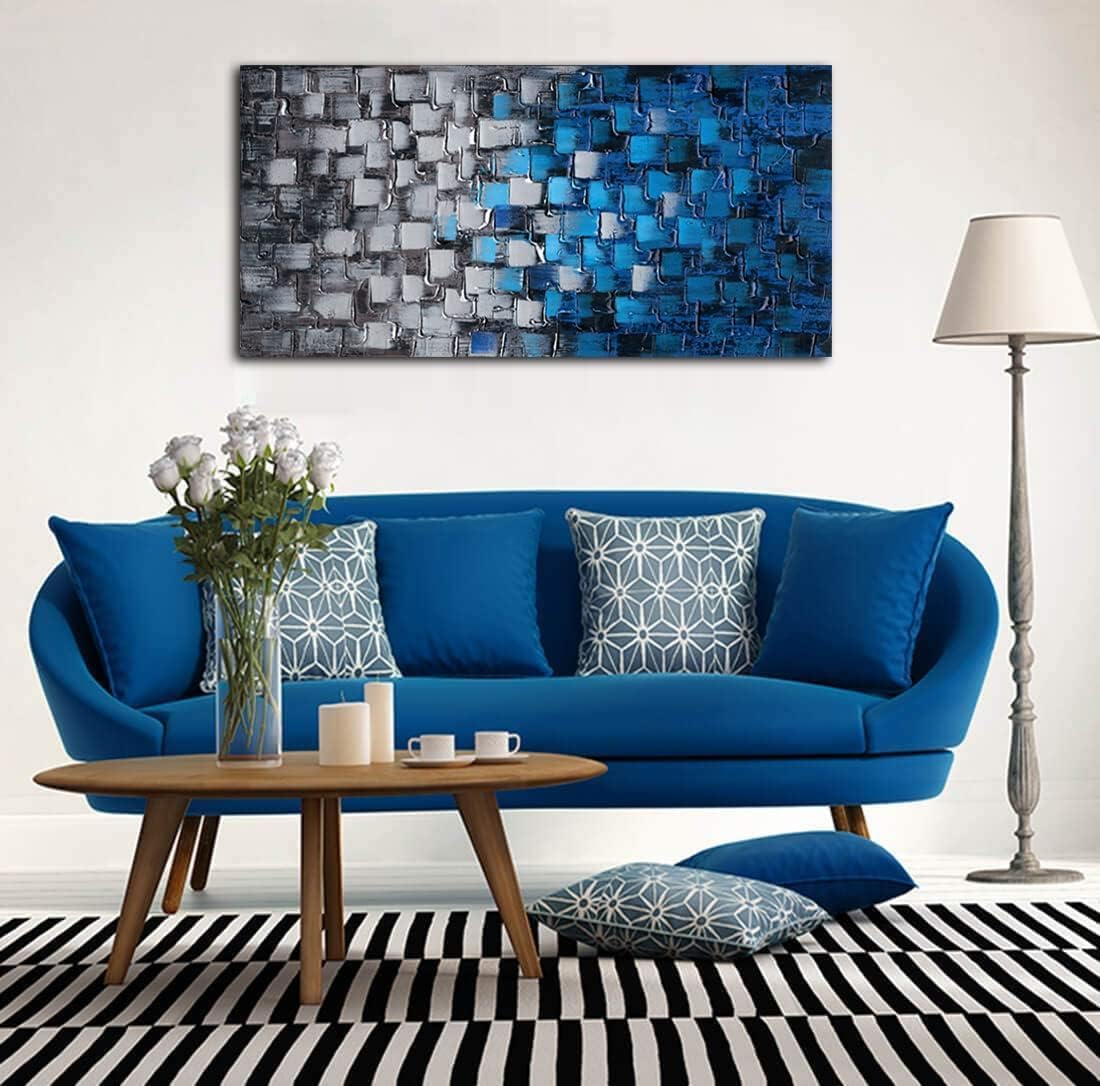 Abstract Dark Blue and Silver Painting Pictures Modern 3D Textured Squares Wall Art on Canvas for Home and Office Decoration Framed Ready to Hang 56x28inch