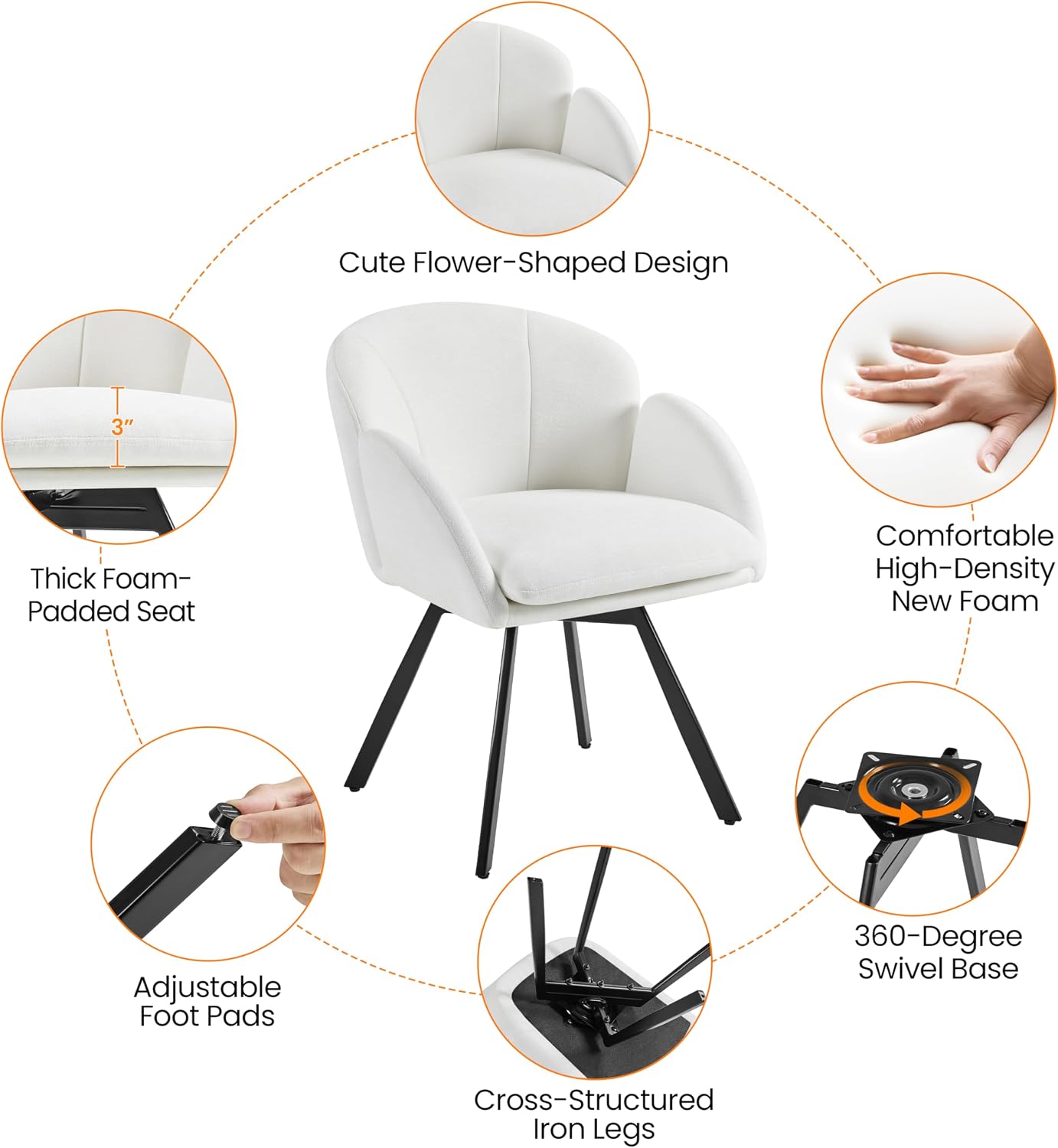 Yaheetech Swivel Accent Chair, Flower Chenille Armchair, Vanity Chair Side Chair with 360-Degree Swivel Base and Seat Cushion for Living Room/Bedroom/Home Office/Makeup, White, Set of 2