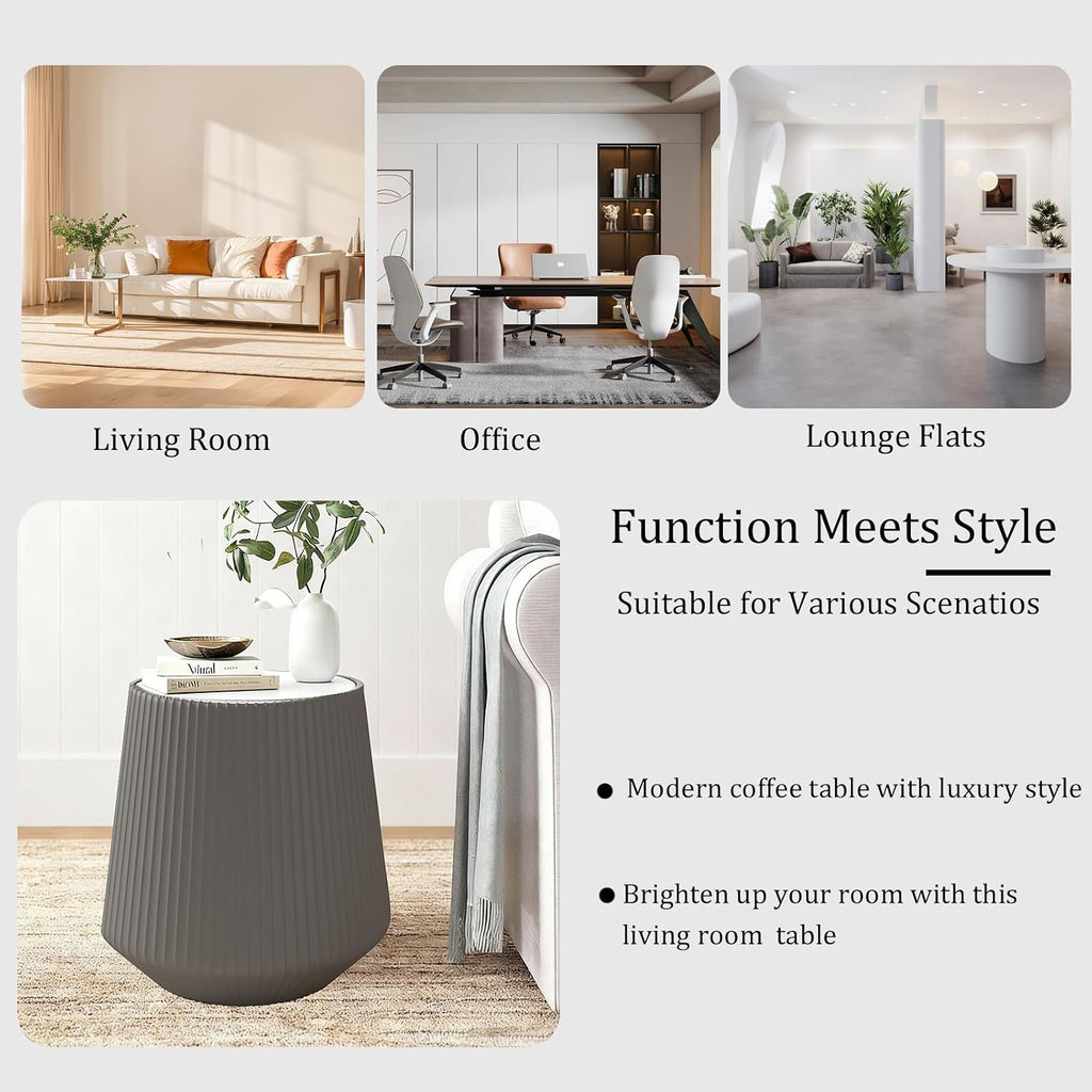 Round Living Room Table Set, 26.77' Black Drum Center Table and 19.68' Grey Coffee Table Set, 2 Pieces Coffee Table Set with Sintered Stone Tabletop, Fluted PU Leather Covered and Stable Base