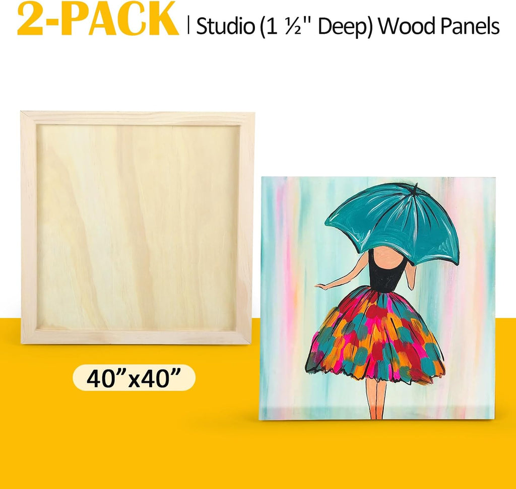 2 Pack Unfinished Wooden Canvas Panels, 40x40 Gallery Birch Wood Panels Kit, 1 1/2' Deep Art Cradle Boards for Acrylic Painting, Pouring and Burning