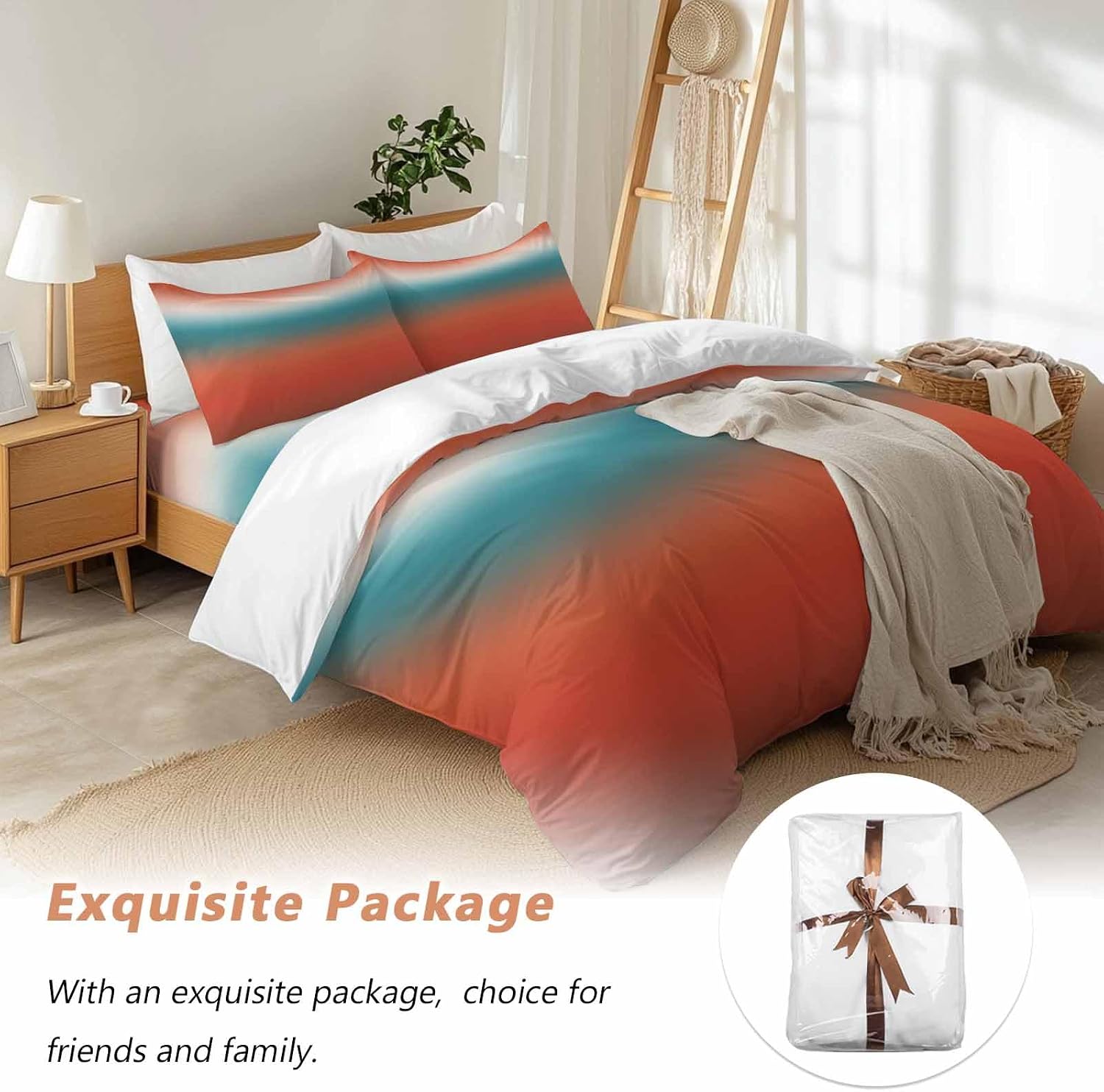 Bohemian Gradient Red Duvet Cover Set Queen Size 4 Pieces Modern Minimalist Red Blue Ocean Beach Bedding Set with Zipper Closure, 1 Comforter Cover 90x92 Inches 1 Flat Sheet & 2 Pillow Cases