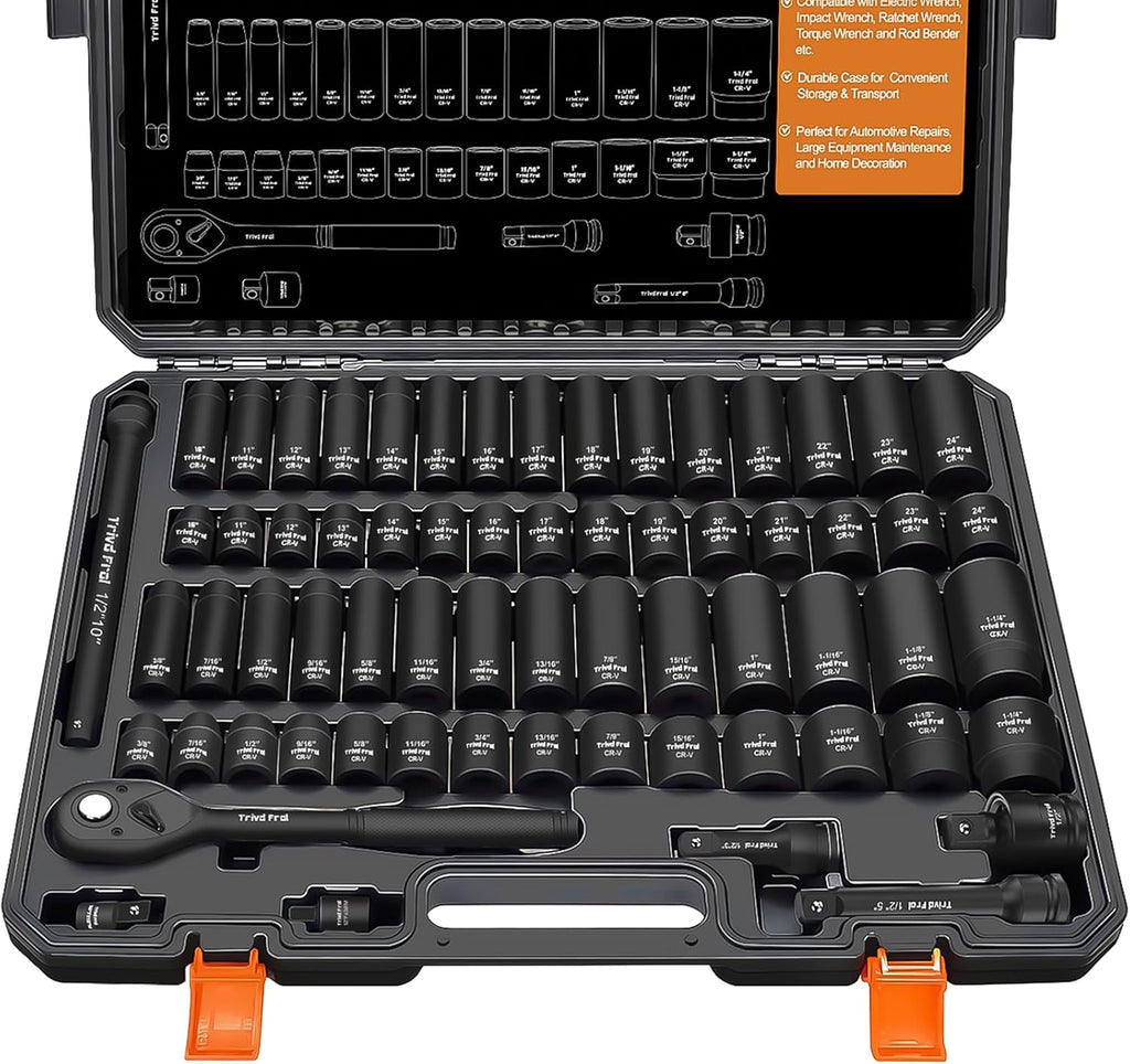 Impact Socket Wrench Set 1/2' Drive - Trivd Frol 65pcs Impact Socket Set Metric and Standard Full, Metric Socket Set 8-24mm & SAE Socket Set 3/8'-1-1/4', Shallow & Deep Socket Set, Extensions, Adapter