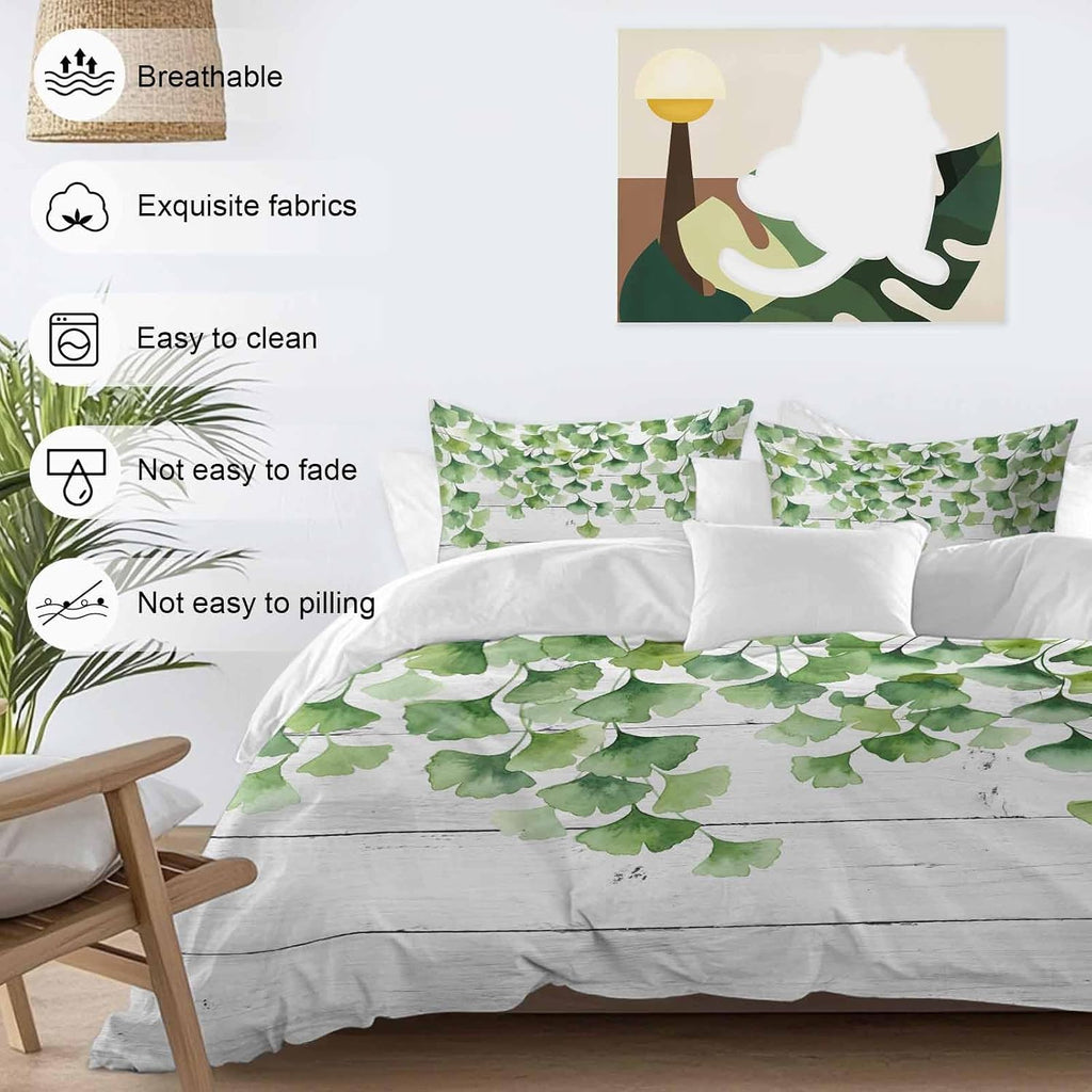 Summer Botanical Duvet Cover Set Queen Size 4 Pieces Watercolor Gradient Green Leaves White Wood Grain Bedding Set with Zipper Closure, 1 Comforter Cover 92x106 Inches 1 Flat Sheet & 2 Pillow Cases