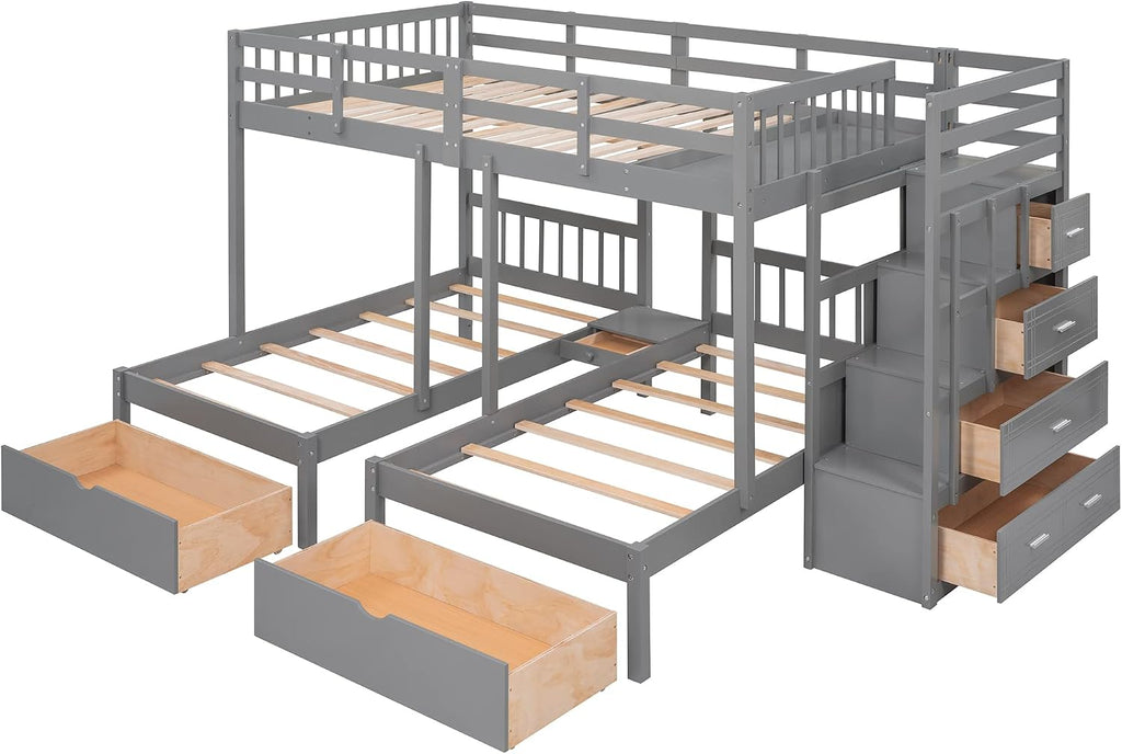VilroCaz Upgraded Version Full Over Twin & Twin Bunk Bed, Solid Wood Triple Bunk Bed with Storage Drawers and Staircase, Strong Sturdy Bunk Bed Frame with Guardrails for Kids Teens Aldults (Gray-U)
