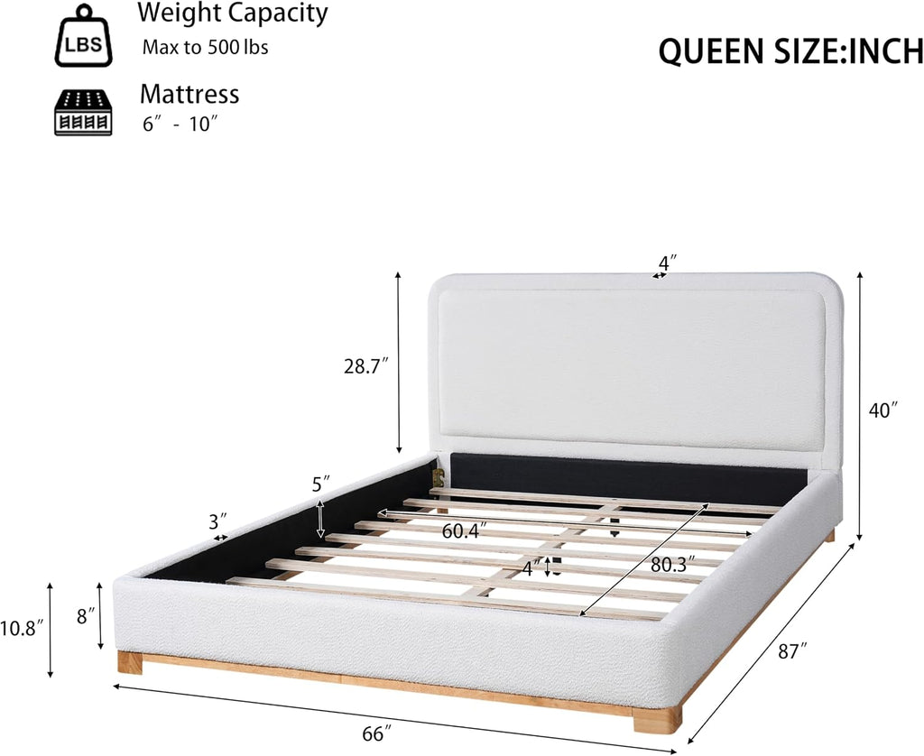 Christopher Knight Home Robey Queen Size Platform Bed Frame, Boucle Fabric Queen Size Bed Frame and Headboard, Modern Queen Bed Set, Wooden Slat Support, No Box Spring Needed, Easy Assembly, White