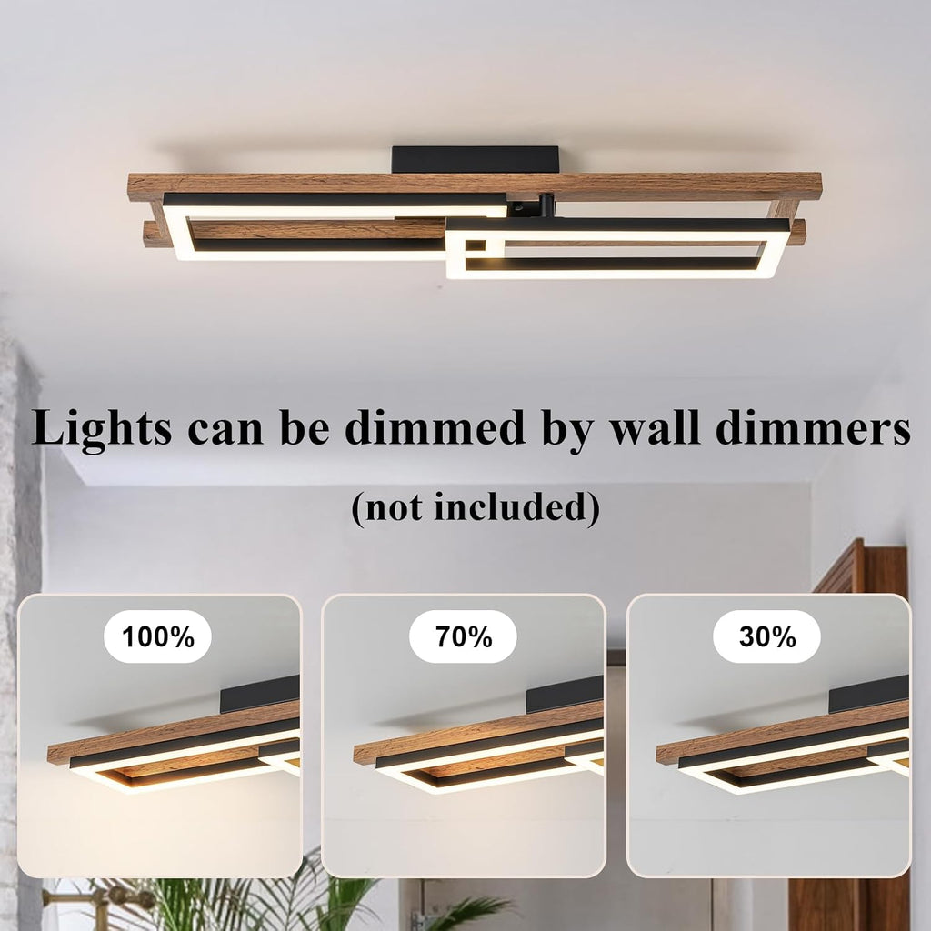 Lingkai 27.5' LED Modern Ceiling Lights Wooden Square Rectangular Lamp Fixture Wood, Modern Kitchen Ceiling Lighting Fixtures 3000K for Island Bedroom Living Room Hallways