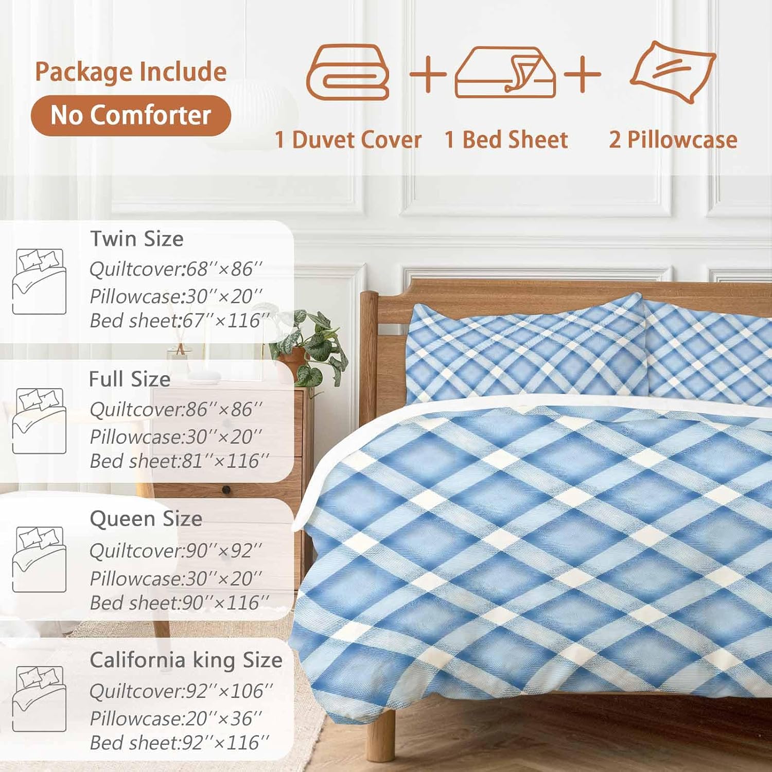 Blue Checkered Duvet Cover Set Queen Size 4 Pieces Modern Minimalist Watercolor Country Farm Bedding Set with Zipper Closure, 1 Comforter Cover 92x106 Inches 1 Flat Sheet & 2 Pillow Cases