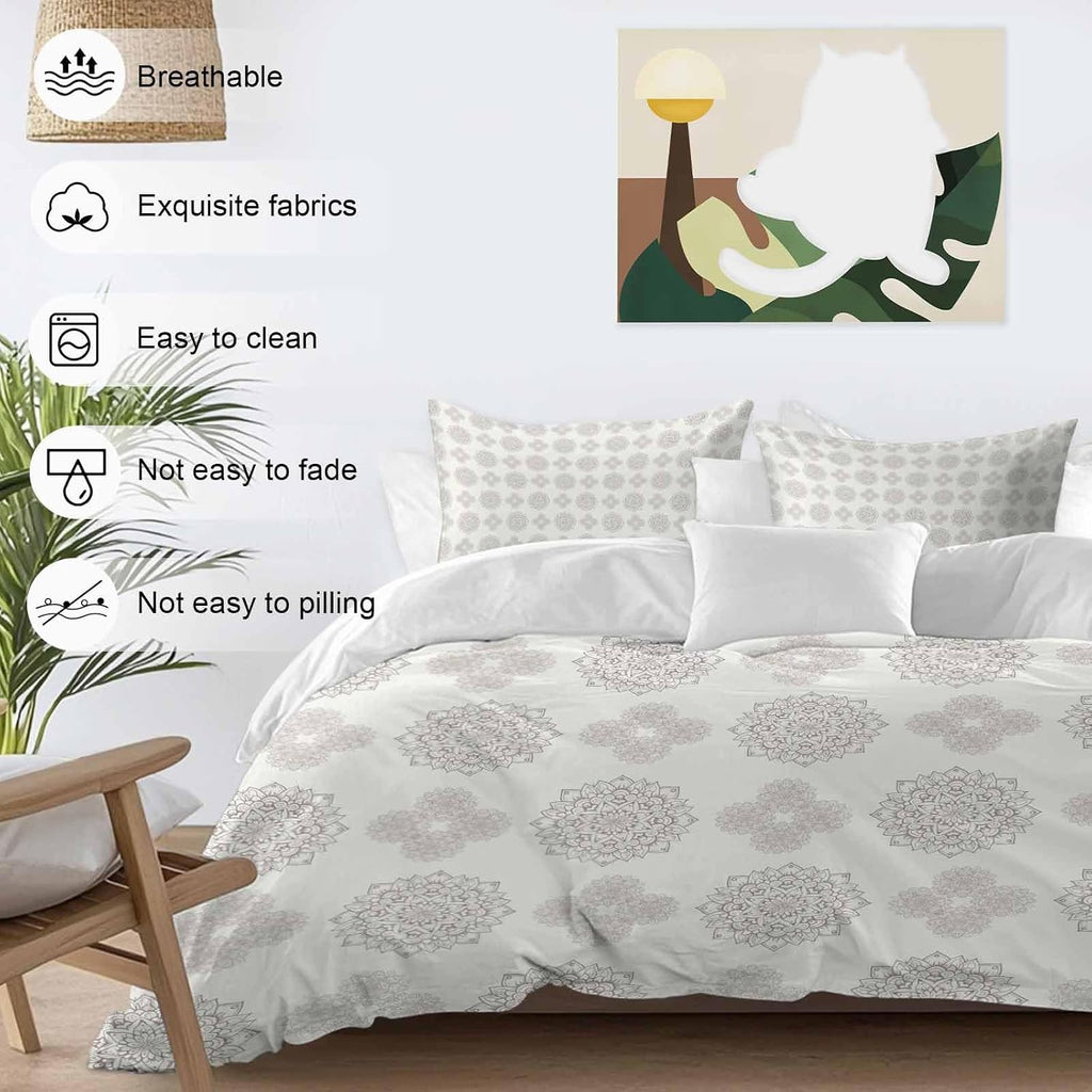 Grey Boho Flower Duvet Cover Set Queen Size 4 Pieces Abstract Bosemia Geometric Graphic Rustic Country Bedding Set with Zipper Closure, 1 Comforter Cover 92x106 Inches 1 Flat Sheet & 2 Pillow Cases