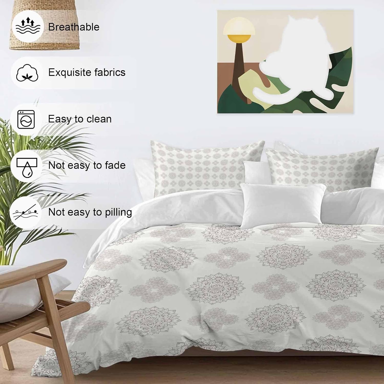 Grey Boho Flower Duvet Cover Set Queen Size 4 Pieces Abstract Bosemia Geometric Graphic Rustic Country Bedding Set with Zipper Closure, 1 Comforter Cover 92x106 Inches 1 Flat Sheet & 2 Pillow Cases