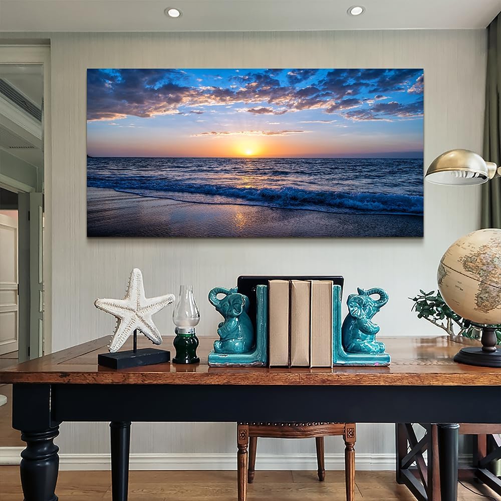 Wapluam Large Canvas Wall Art Sunset Beach Painting Picture Print on Canvas Framed Wall Art for Living Room Wall Decor for Bedroom Modern Coastal Landscape Room Decorations Artwork 60x30 Ready to Hang