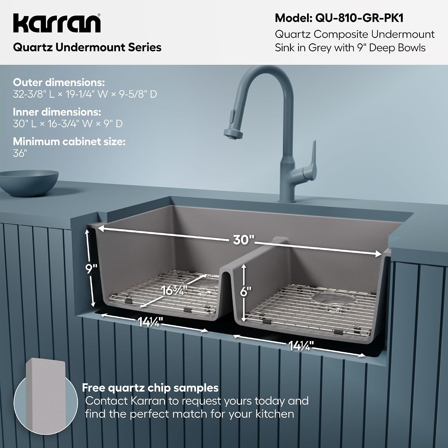 Karran QU-810 32' Undermount Double Equal Bowl Quartz Kitchen Sink Kit in Grey
