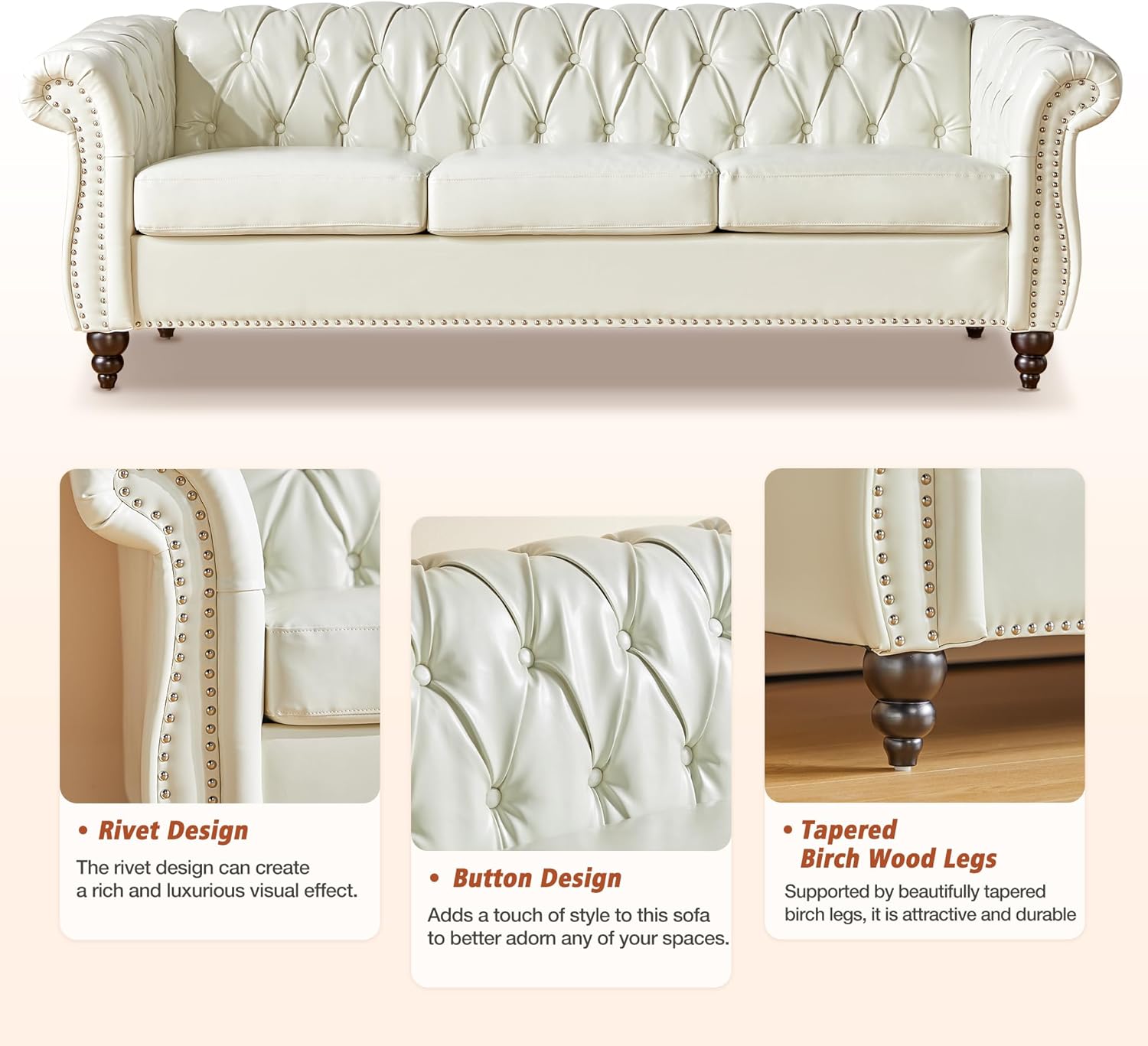 QHITTY 2 Piece Living Room Set, Sectional Chesterfield Sofa Chair Contemporary Upholstered Artificial Leather Loveseat Couch Sets for Living Room, Bedroom, Office (White)