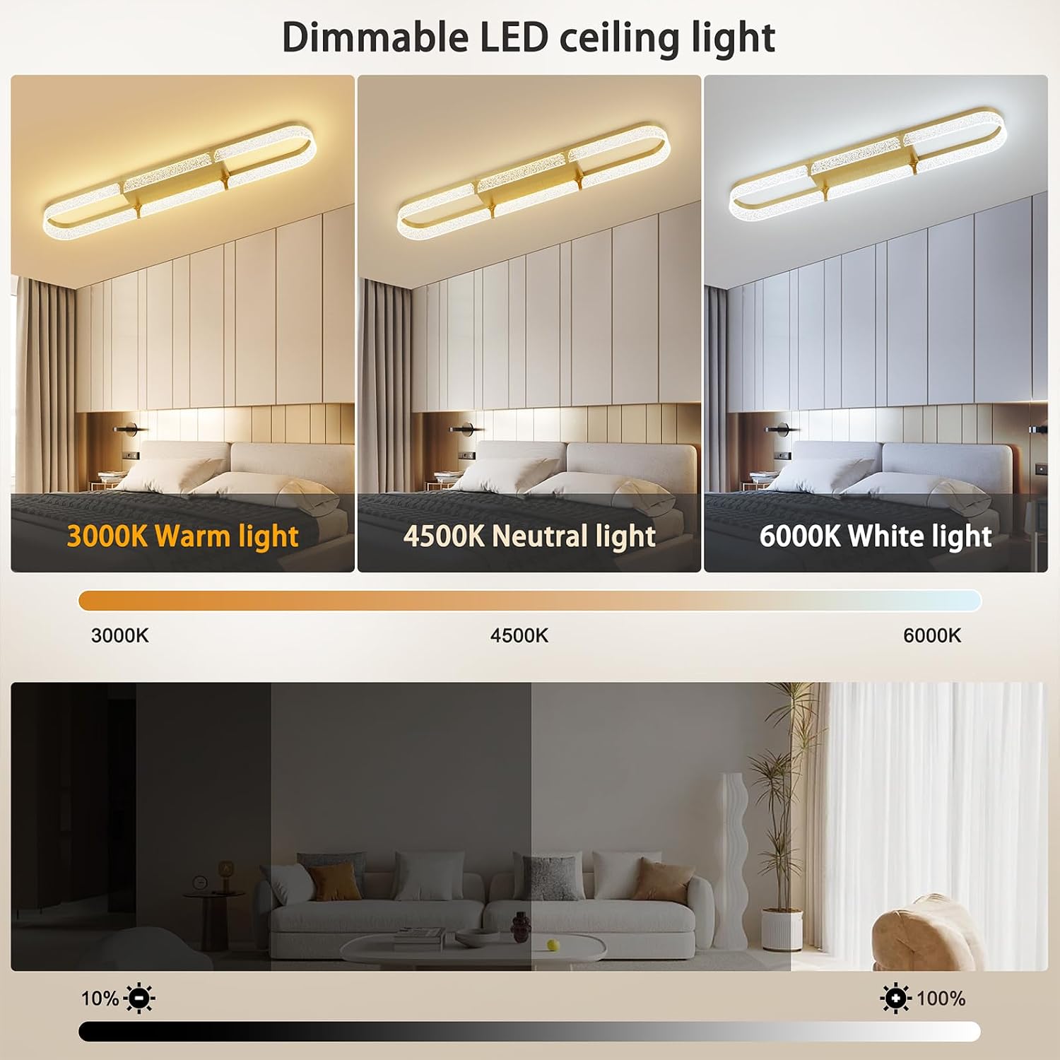 Jaycomey 43 inch Modern LED Ceiling Light Fixture, 54W Dimmable Gold Flush Mount Ceiling Light with Acrylic Bubble, Adjustable 3000K-6500K Kitchen Light Fixtures for Dining Room Bedroom