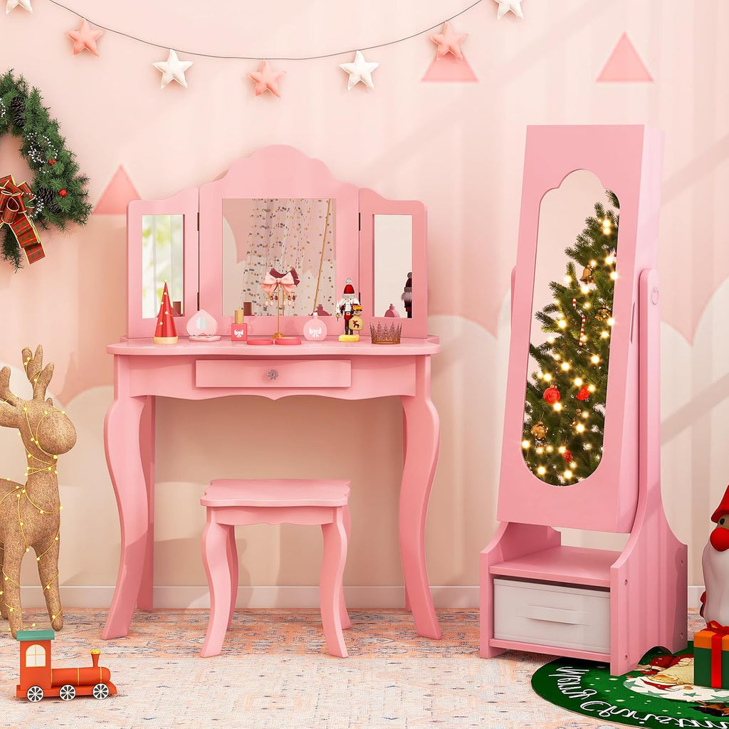 Costzon Kids Vanity & Jewelry Armoire Cabinet, Kids Vanity Table and Chair Set, Makeup Dressing Table, Standing Jewelry Organizer with Full-Length Mirror, Kids Bedroom Furniture Set for Girls (Pink)