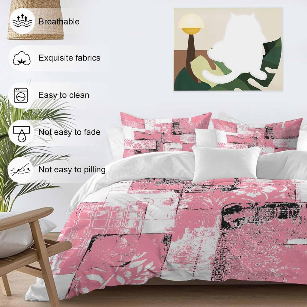Modern Boho Duvet Cover Set Queen Size 4 Pieces Flower Geometric Texture Pink White Abstract Art Bedding Set with Zipper Closure, 1 Comforter Cover 92x106 Inches 1 Flat Sheet & 2 Pillow Cases