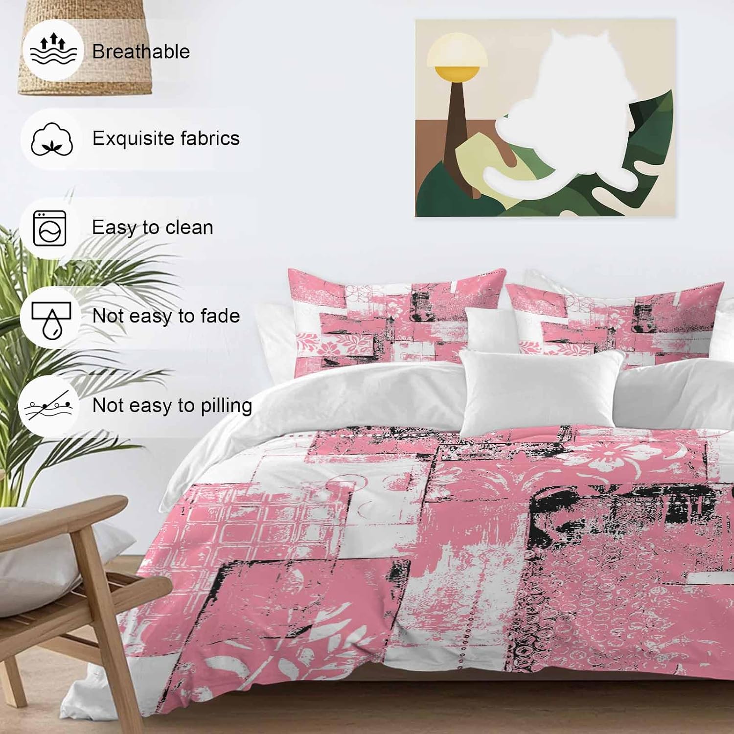 Modern Boho Duvet Cover Set Queen Size 4 Pieces Flower Geometric Texture Pink White Abstract Art Bedding Set with Zipper Closure, 1 Comforter Cover 92x106 Inches 1 Flat Sheet & 2 Pillow Cases