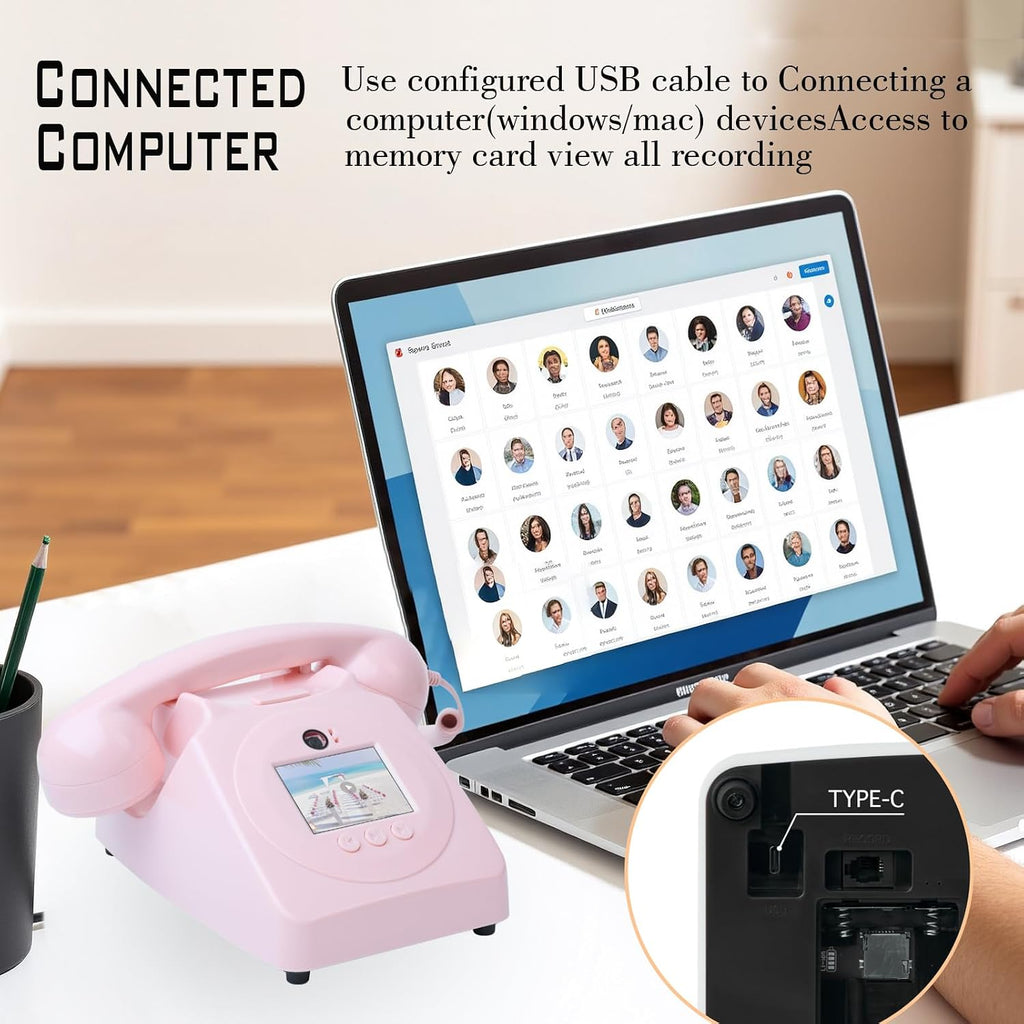 Video Audio Guest Book Wedding Phone, 1080P HD Video Audio Phone Guestbook, Preserve Your Special Occasions, Ideal for Wedding Bridal Shower, Birthday, Graduations, Baby Shower (Pink)