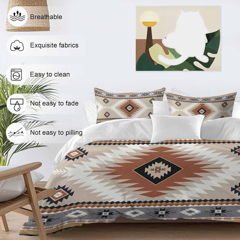 Aztec Southwestern Duvet Cover Set Queen Size 4 Pieces Ethnic Tribal Style Geometric Orange Khaki Bedding Set with Zipper Closure, 1 Comforter Cover 92x106 Inches 1 Flat Sheet & 2 Pillow Cases