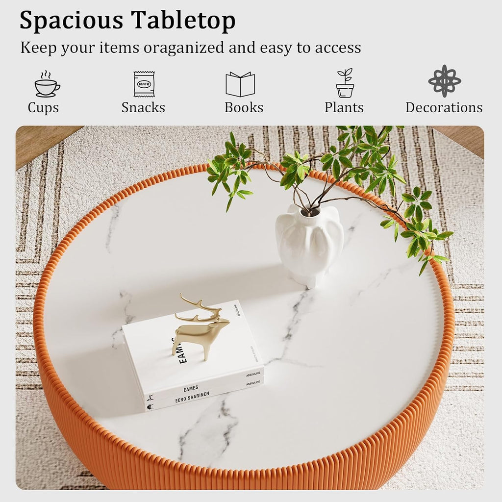 Round Coffee Table Set, 27.56' White Drum Center Table and 19.69' Orange Coffee Table Set, 2 Pieces Living Room Table Set with Sintered Stone Tabletop, Fluted PU Leather Covered and Metal Base