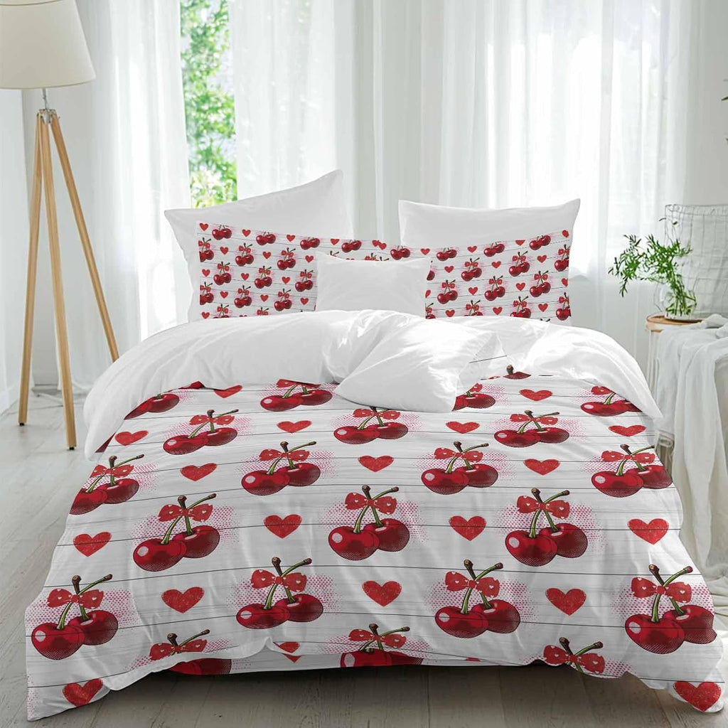 Prime Leader Cherry Duvet Cover Set Queen Size 4 Pieces Watercolor Red Fruit Love Wave Point Wood Grain Bedding Set with Zipper Closure, 1 Comforter Cover 92x106 Inches 1 Flat Sheet & 2 Pillow Cases