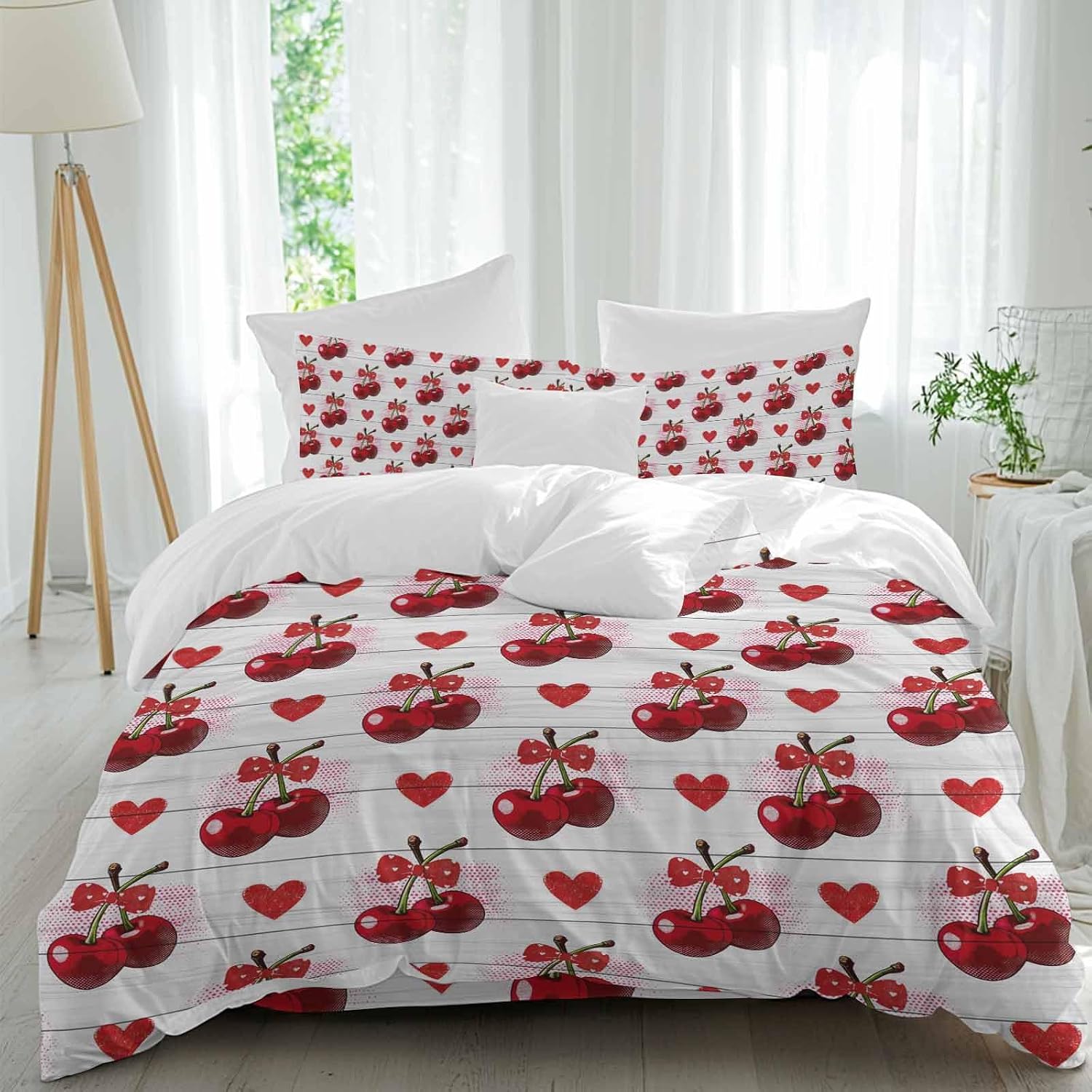 Prime Leader Cherry Duvet Cover Set Queen Size 4 Pieces Watercolor Red Fruit Love Wave Point Wood Grain Bedding Set with Zipper Closure, 1 Comforter Cover 92x106 Inches 1 Flat Sheet & 2 Pillow Cases