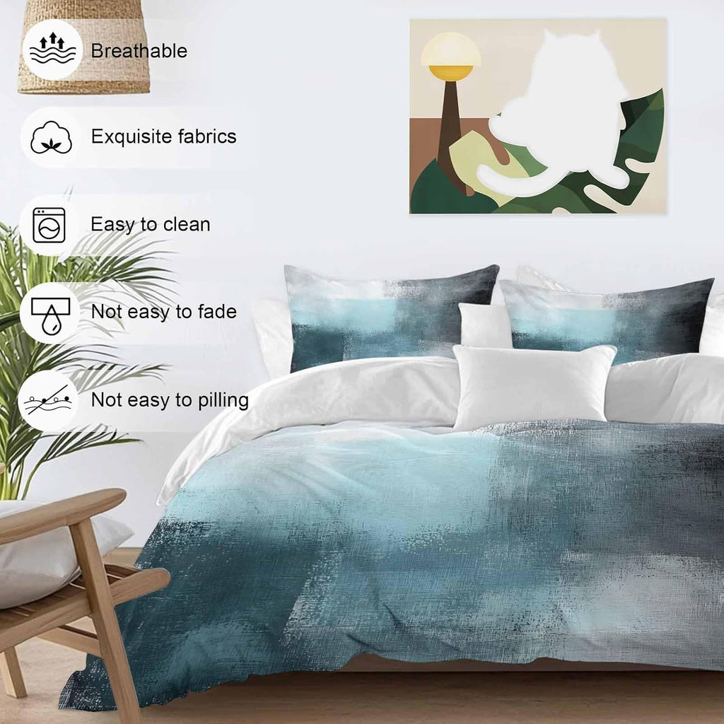 Prime Leader Teal Blue Color Block Duvet Cover Set Queen Size 4 Pieces Abstract Shabby Modern Art Bedding Set with Zipper Closure, 1 Comforter Cover 92x106 Inches 1 Flat Sheet & 2 Pillow Cases